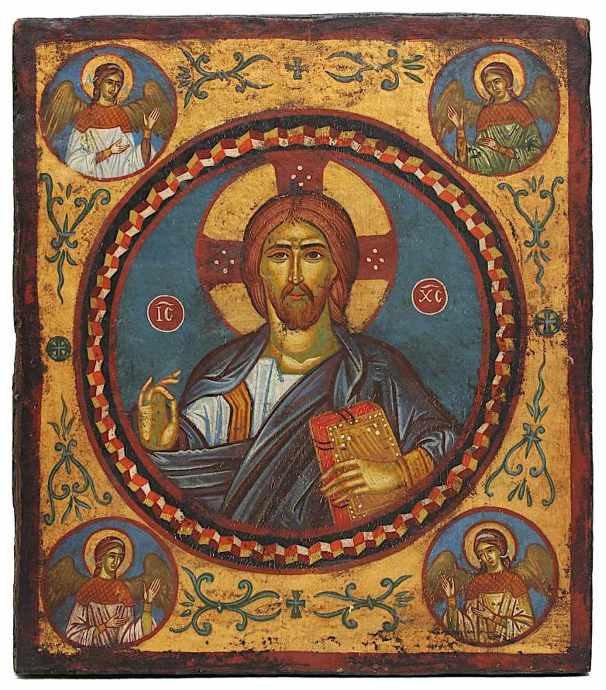 Ikone - Christus Pantokrator, Griechenland, 18. Jh., Tempera auf Leinwand auf Holz, mittig Tondo mit