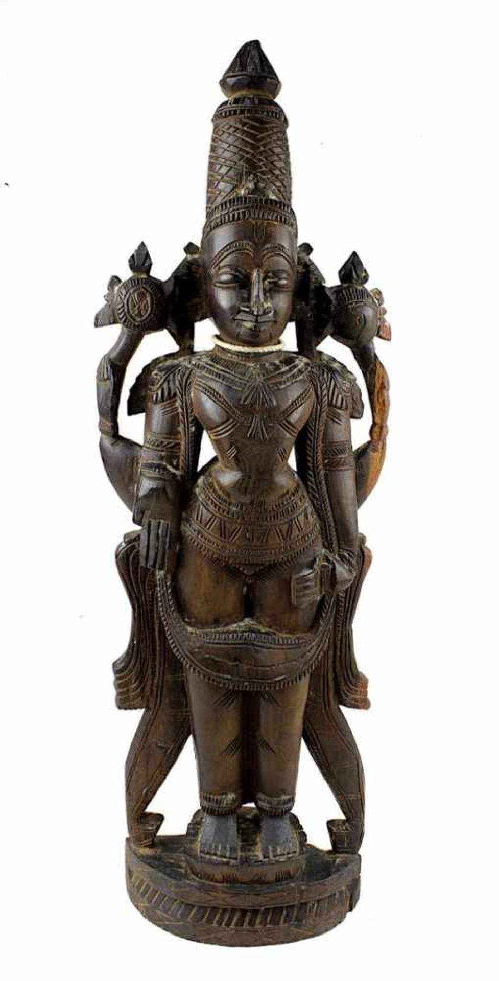 Vishnu, Holzfigur, Südindien um 1900, aus dunklem Teakholz, vierarmige Darstellung des Gottes,