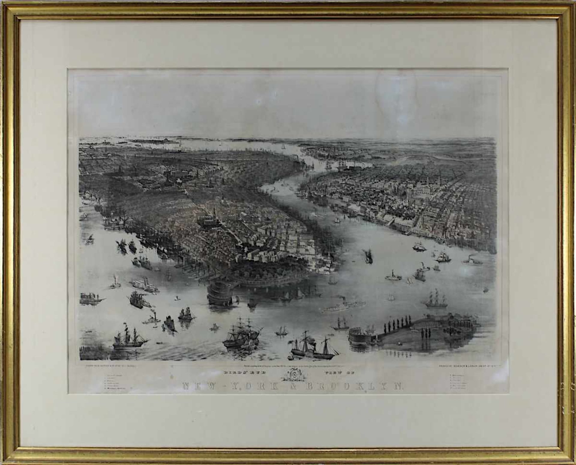 New York und Brooklyn, Blick aus der Vogelschau, Farblithographie von John Bachman um 1851, 56 x