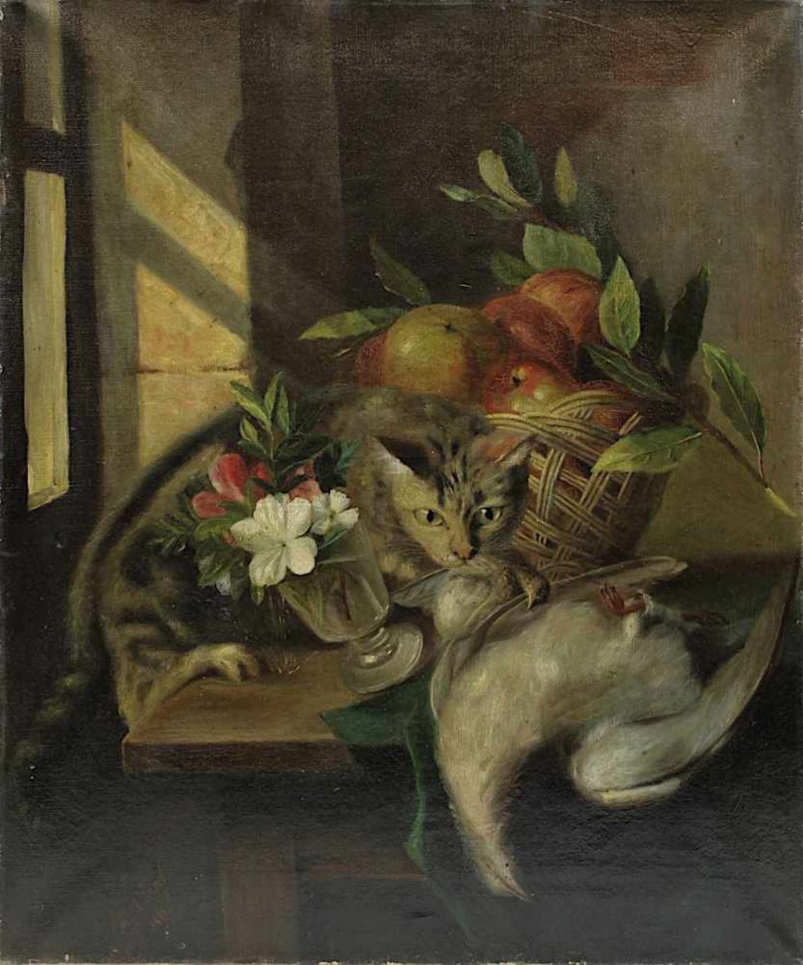Claret, M. (Stillebenmaler, 2.H.19.Jh.), Stilleben mit Katze und totem Federvieh, Blumenvase und