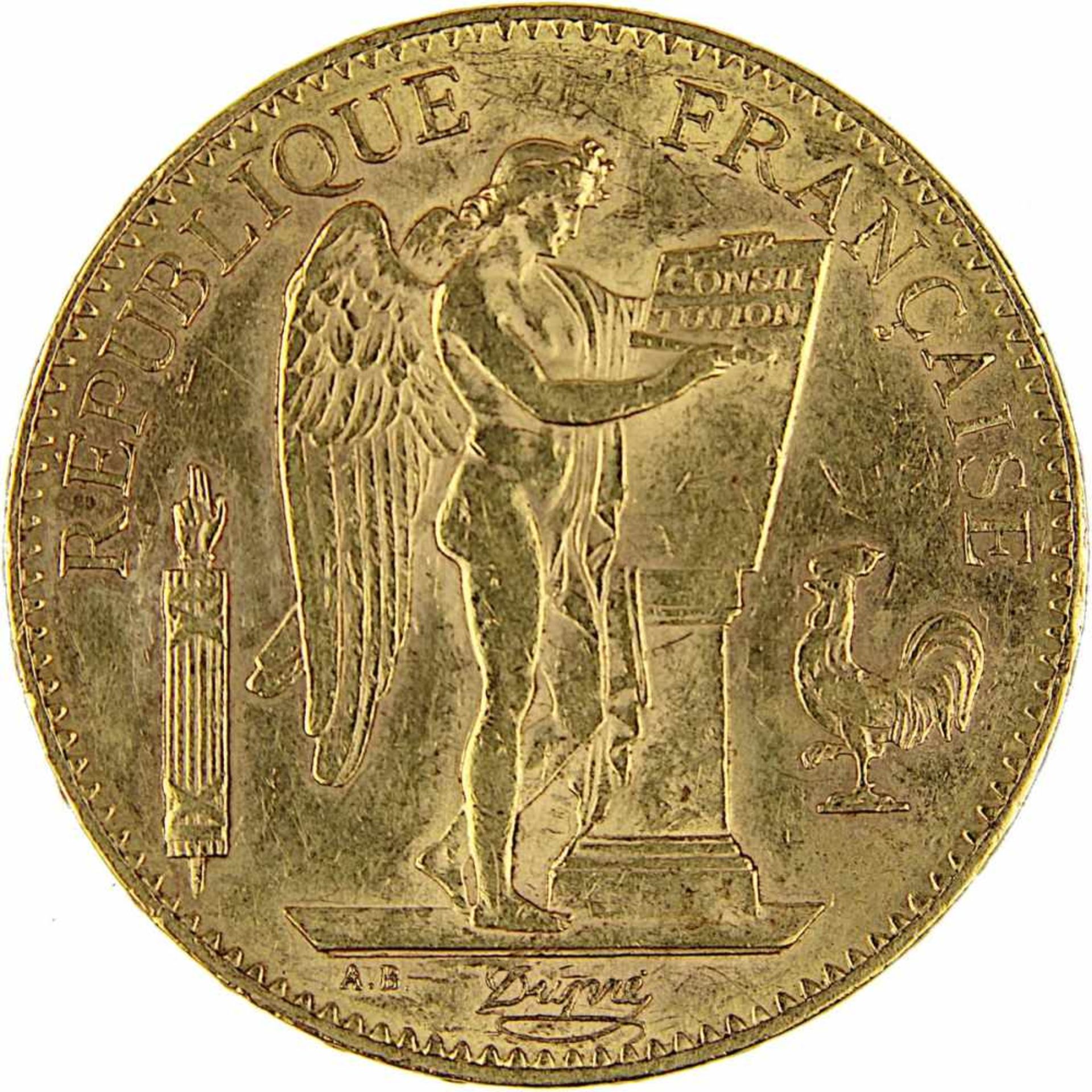 Goldmünze zu 100 Francs, Frankreich 1906, A für Paris, 900er Gold, 32,2 g, Erhaltung sehr schön, - Bild 2 aus 3