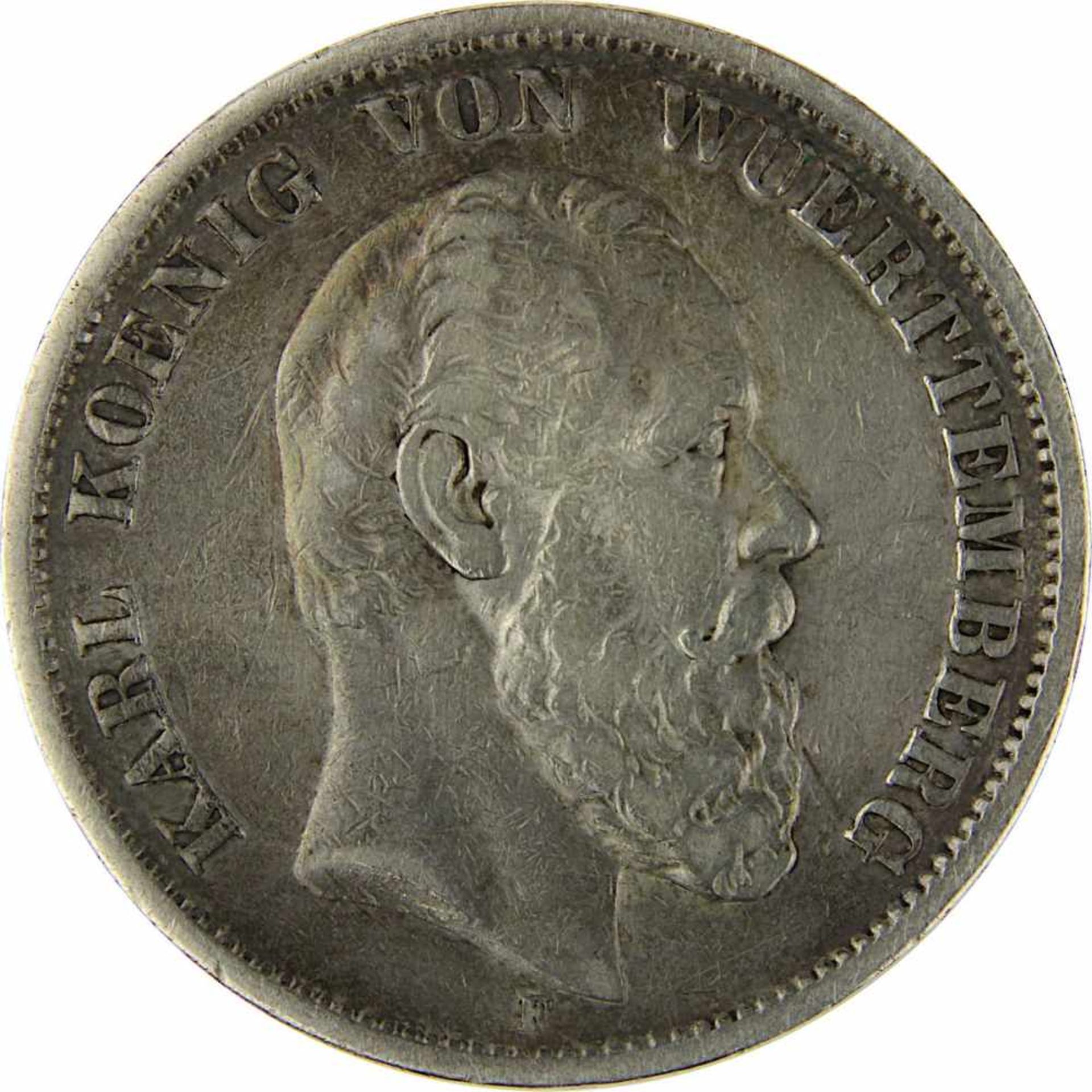 5 Mark 1875 F König Karl von Württemberg, Silber, sehr schöner Zustand, D 3,8 cm, Gewicht 27,43 g. - Bild 2 aus 3