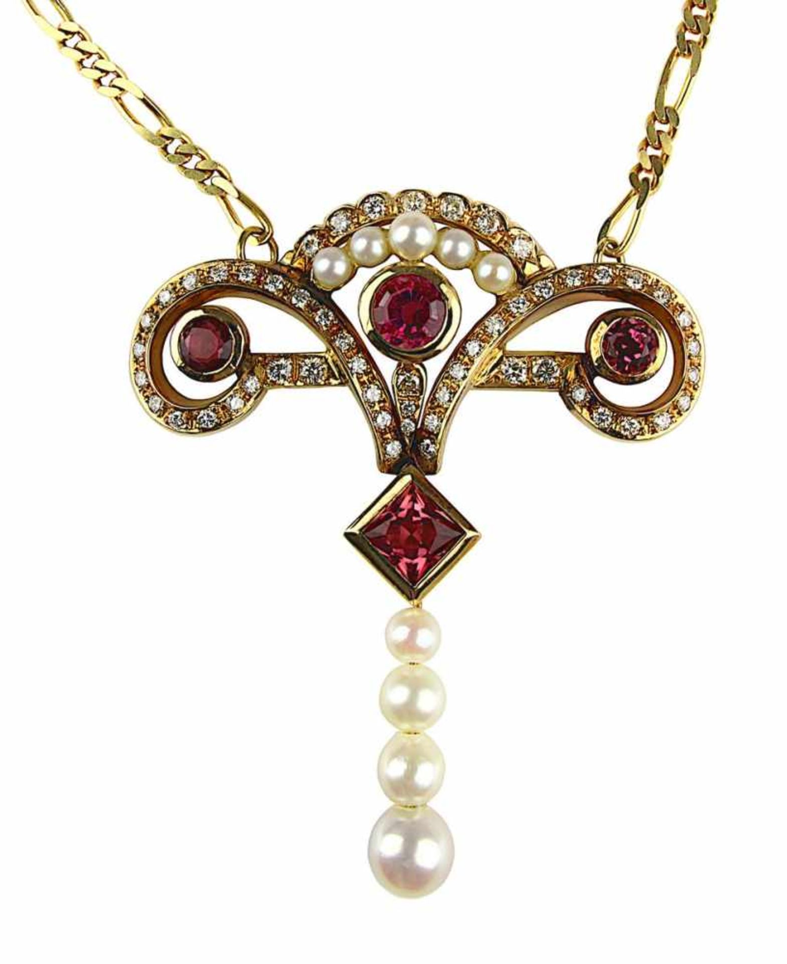 Gelbgold-Collier mit Edelsteinbesatz, Idar Oberstein, um 1970, dem Jugendstil nachempfunden,