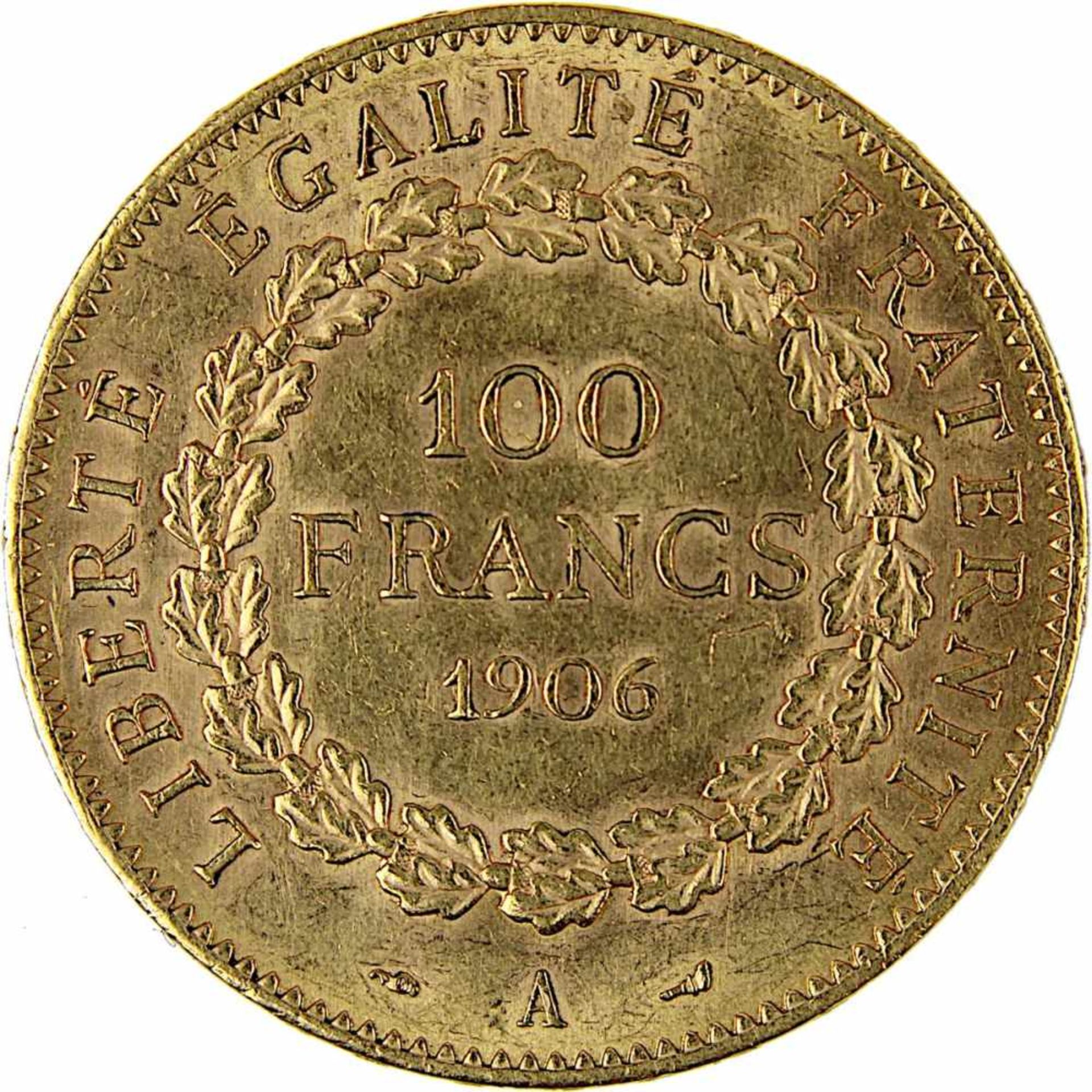 Goldmünze zu 100 Francs, Frankreich 1906, A für Paris, 900er Gold, 32,2 g, Erhaltung sehr schön, - Bild 3 aus 3