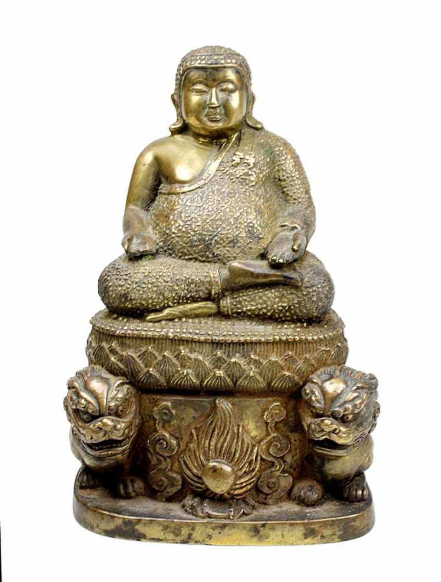 Chinesischer Bronzebuddha, 19. Jh., beleibter Buddha in meditierender Haltung auf Lotusthron, am