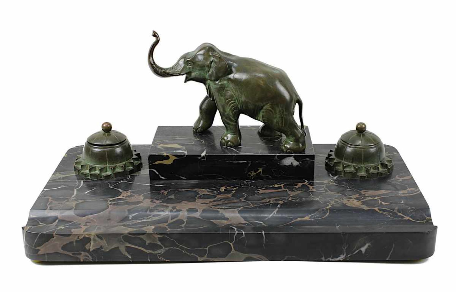 Art-Déco Schreibgarnitur mit Bronze-Elefant, deutsch um 1920, Platte aus dunkelbraunem Marmor 40,5 x
