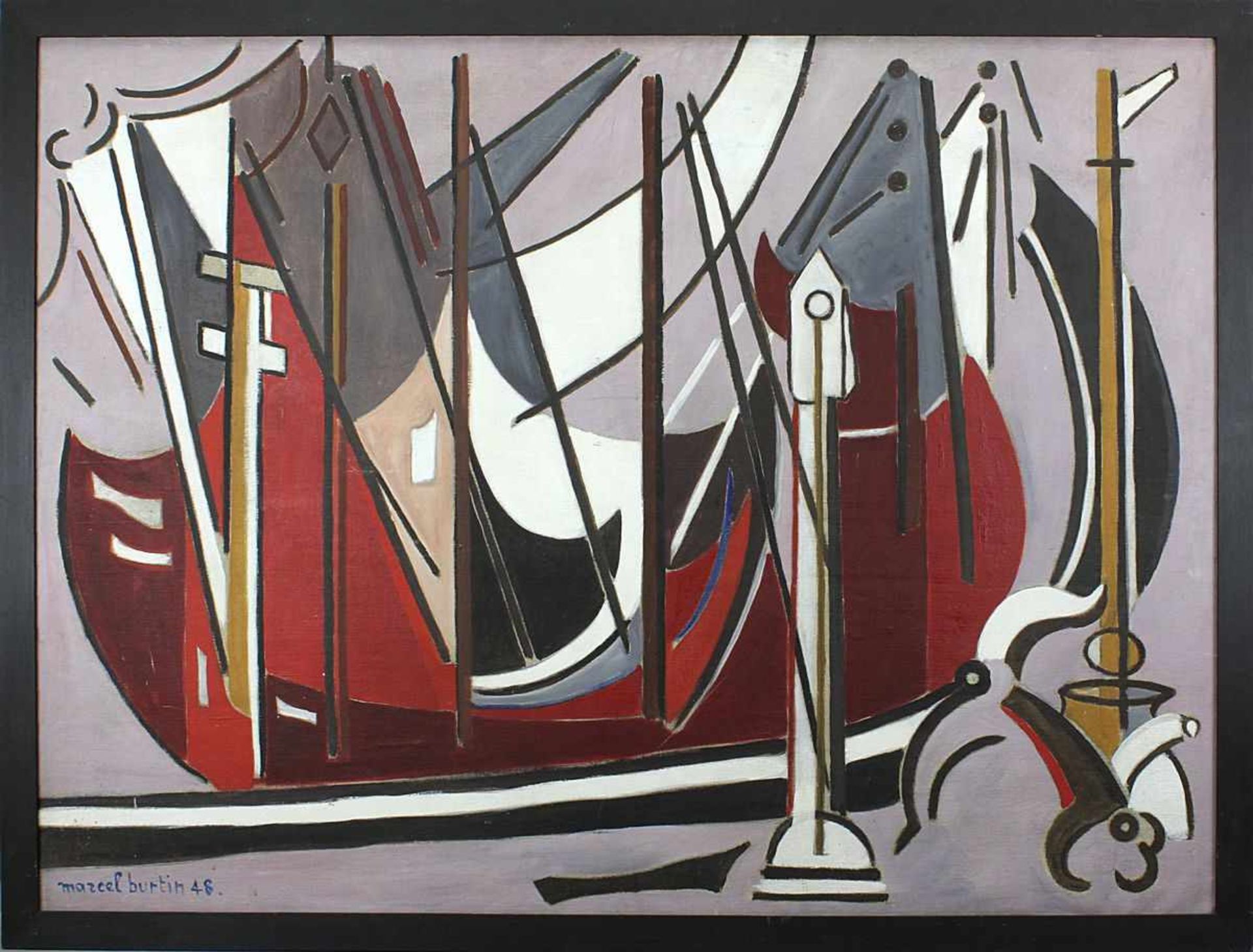 Burtin, Marcel (1902-1979), Abstrakte Komposition - Segelboote, Öl/Lwd, unt. li. signiert und