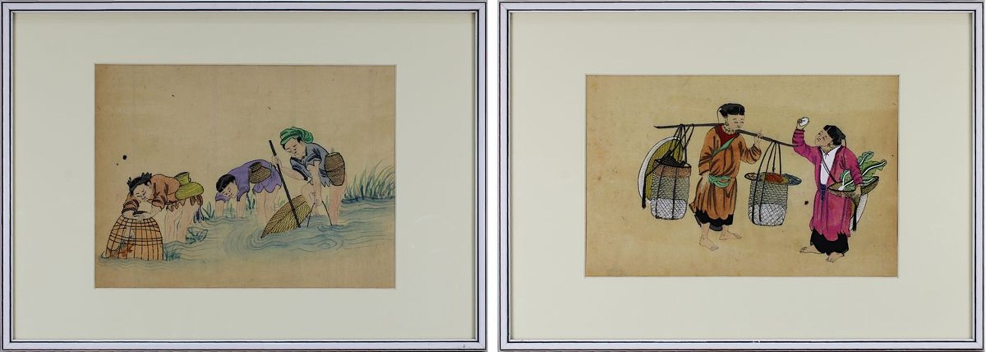 Zwei Aquarelle mit Fischern und Marktfrauen, China um 1865-70, Passepartoutausschnitt 18 x 28 bzw.