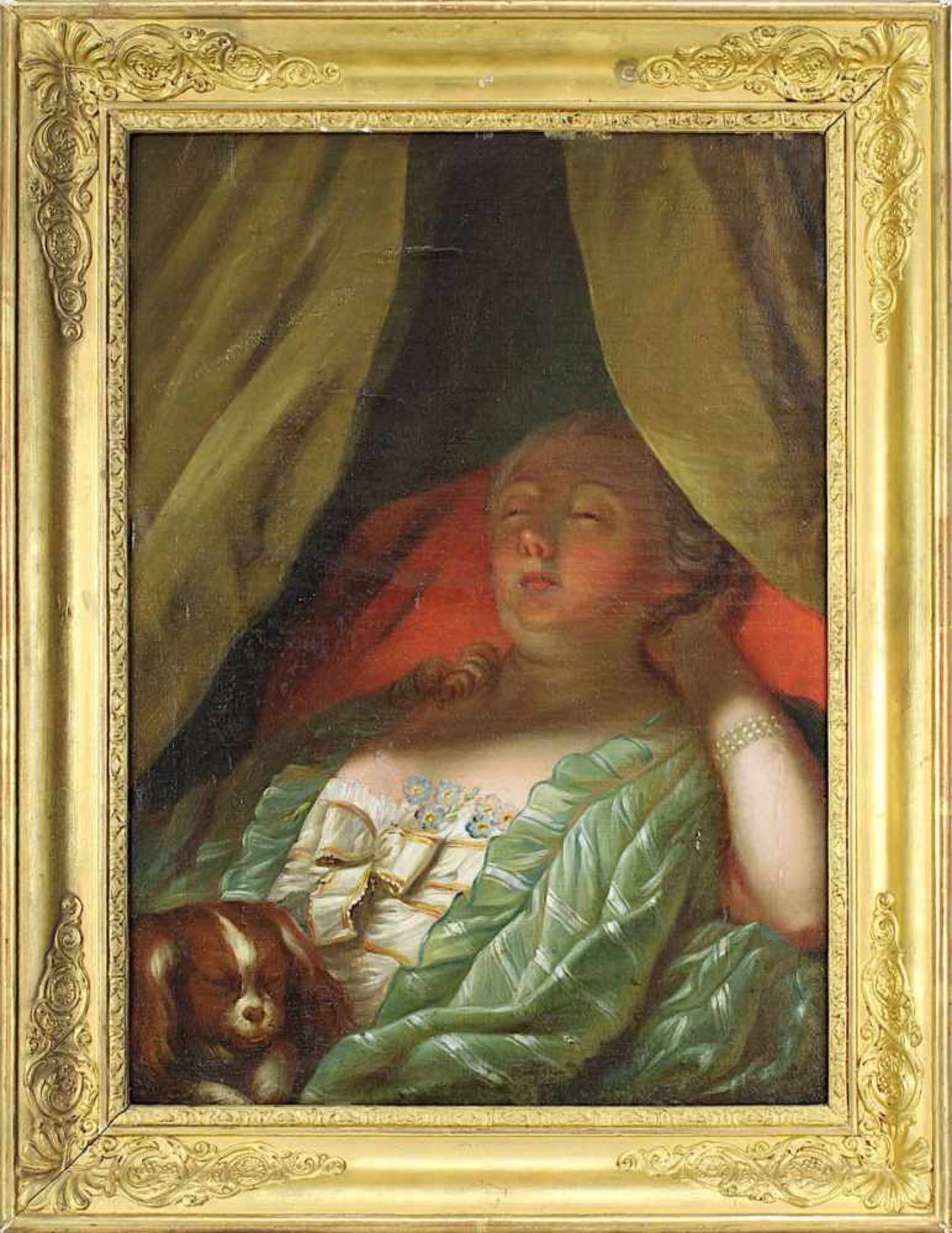 Die schlummernde Marquise de Pompadour mit Ihrem Hündchen, Frankreich 1. H. 19. Jh., Öl auf