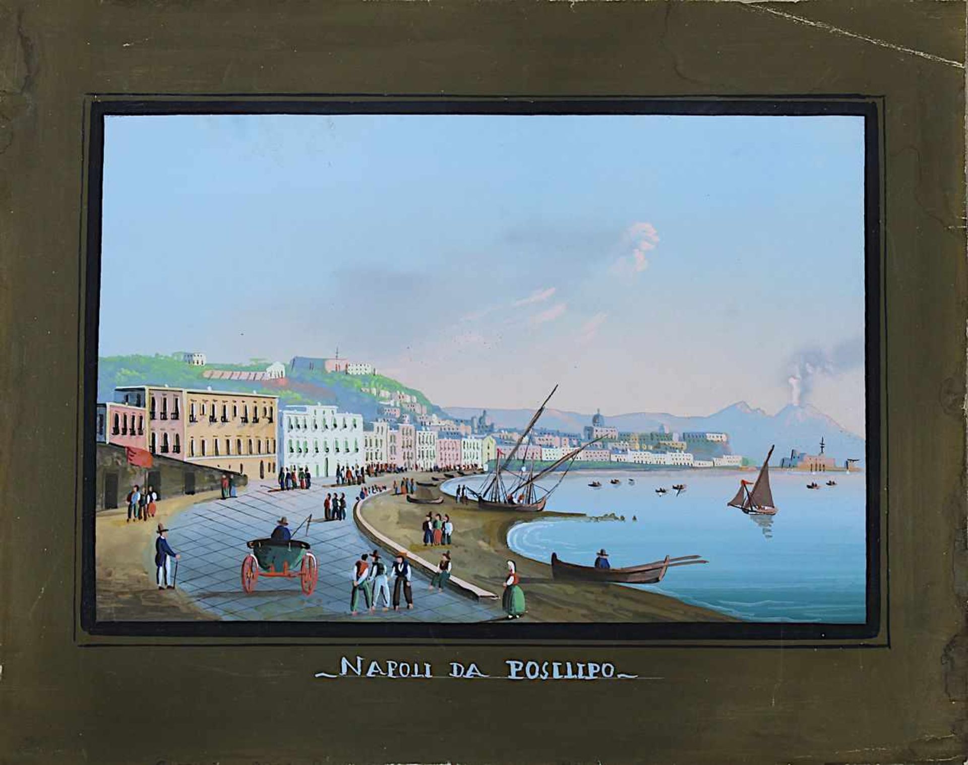 Küstenansicht von Napoli da Posilipo mit Figurenstaffage und Vesuv, Gouache, 1.H.19.Jh., Knickspuren