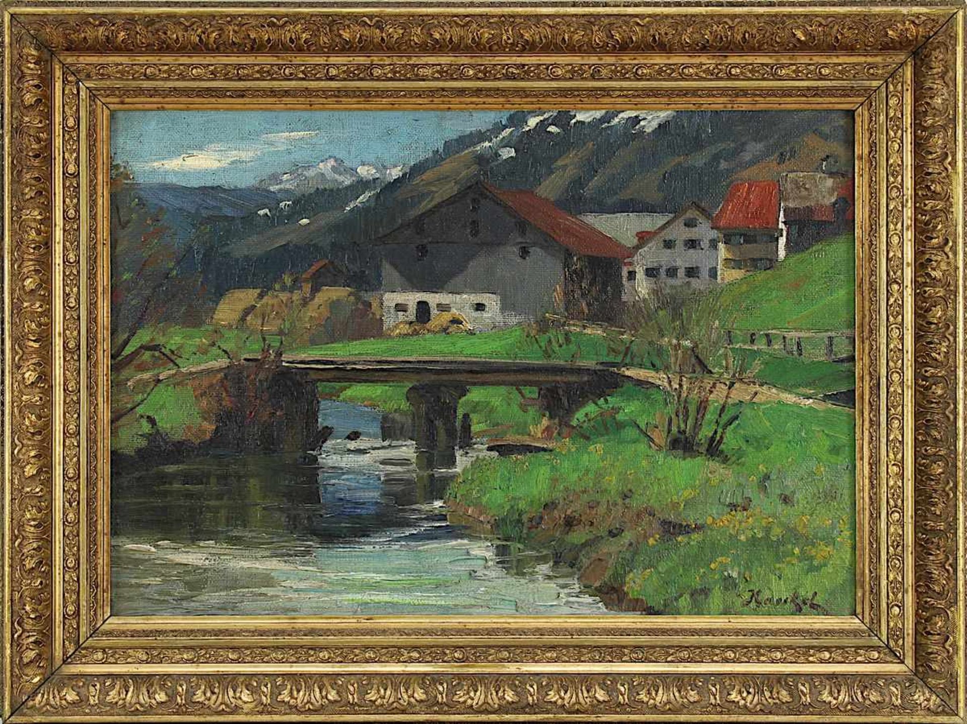 Haeckel, Walter Ernst (1886 - 1939), wohl, Alpenlandschaft mit Gebirgsbach und Häusern eines Dorfes,
