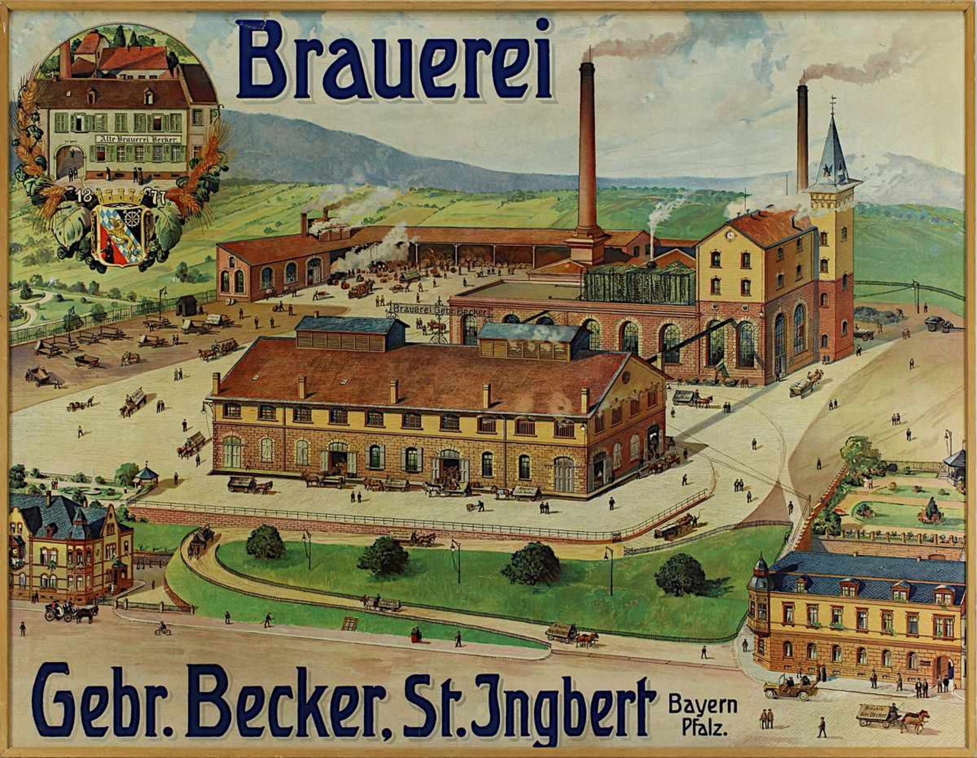 Brauerei-Werbeplakat der Gebr. Becker, St. Ingbert, Ansicht des Brauereigeländes, um 1910,