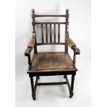 Armlehnstuhl, deutsch um 1880, wohl als Schreibtischstuhl, Eichenholz gedrechselt und beschnitzt,
