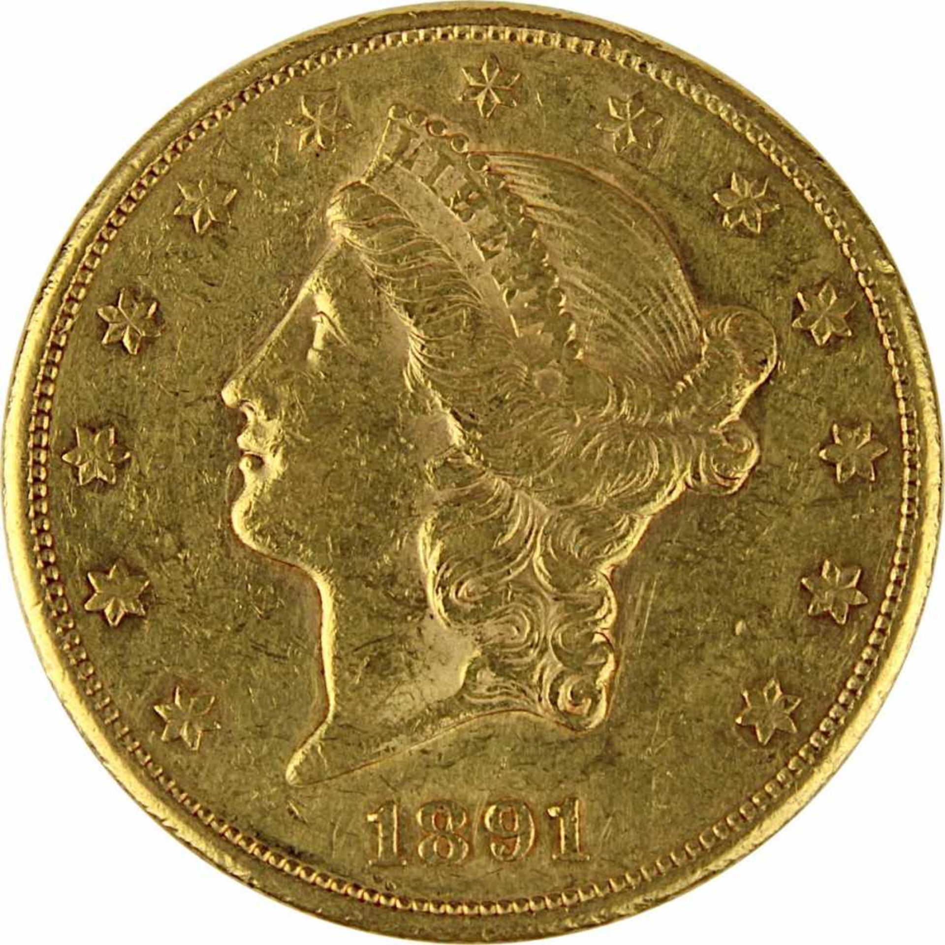 Goldmünze zu 20 Dollar, USA 1891, 900er Gold, Gewicht 1 Unze Feingold, Coroned Head / Eagle, - Bild 2 aus 3