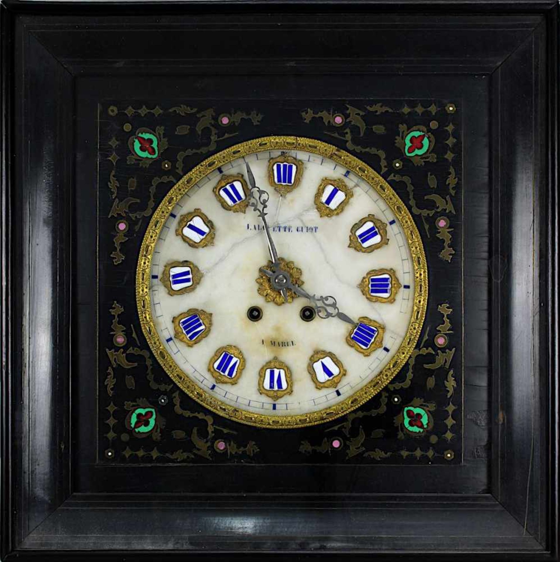 Wanduhr, sog. Ochsenaugen-Uhr, Frankreich 2. H. 19. Jh., hier in Viereckform, verglaster, schwarz