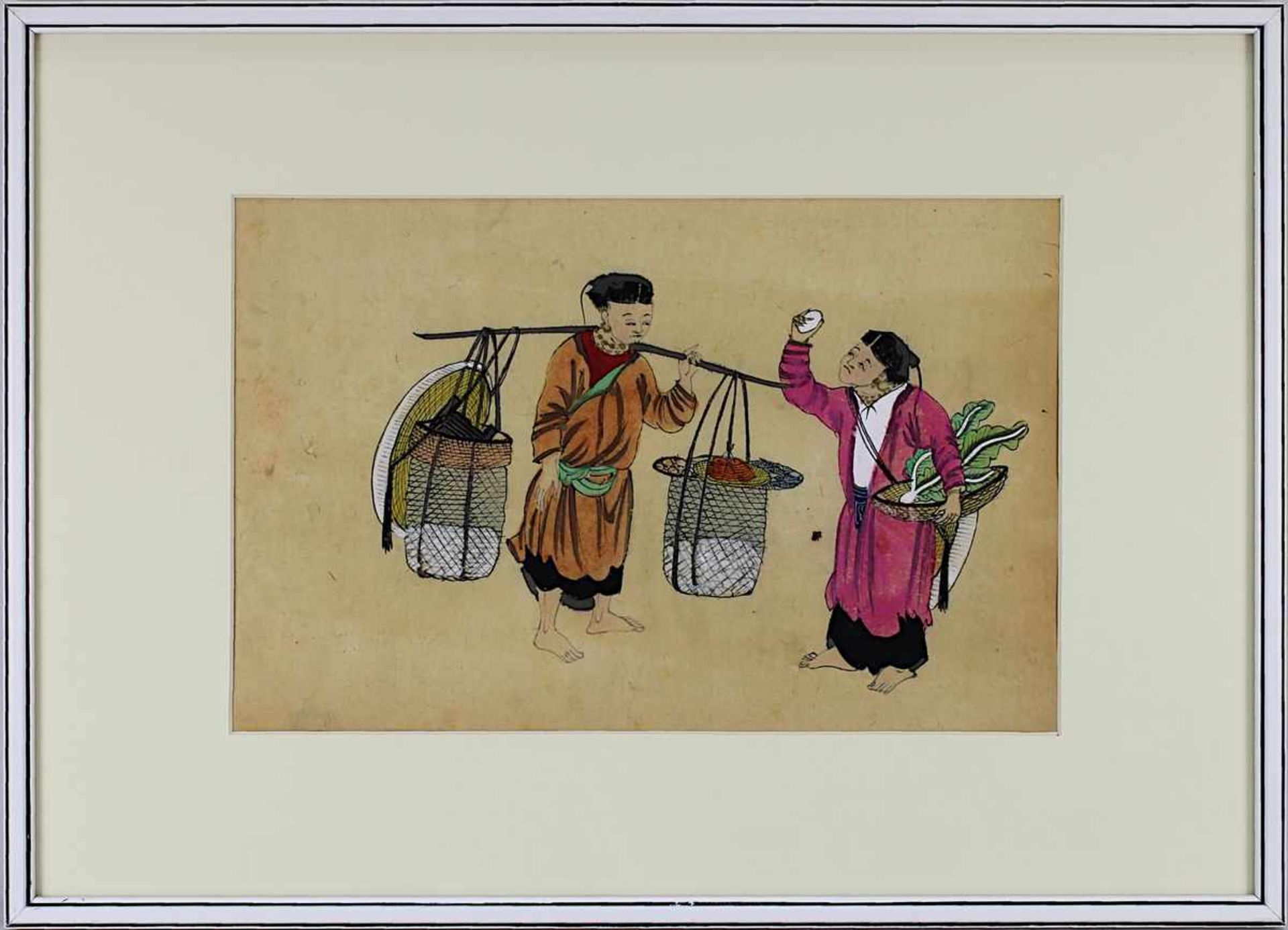 Zwei Aquarelle mit Fischern und Marktfrauen, China um 1865-70, Passepartoutausschnitt 18 x 28 bzw. - Bild 3 aus 3