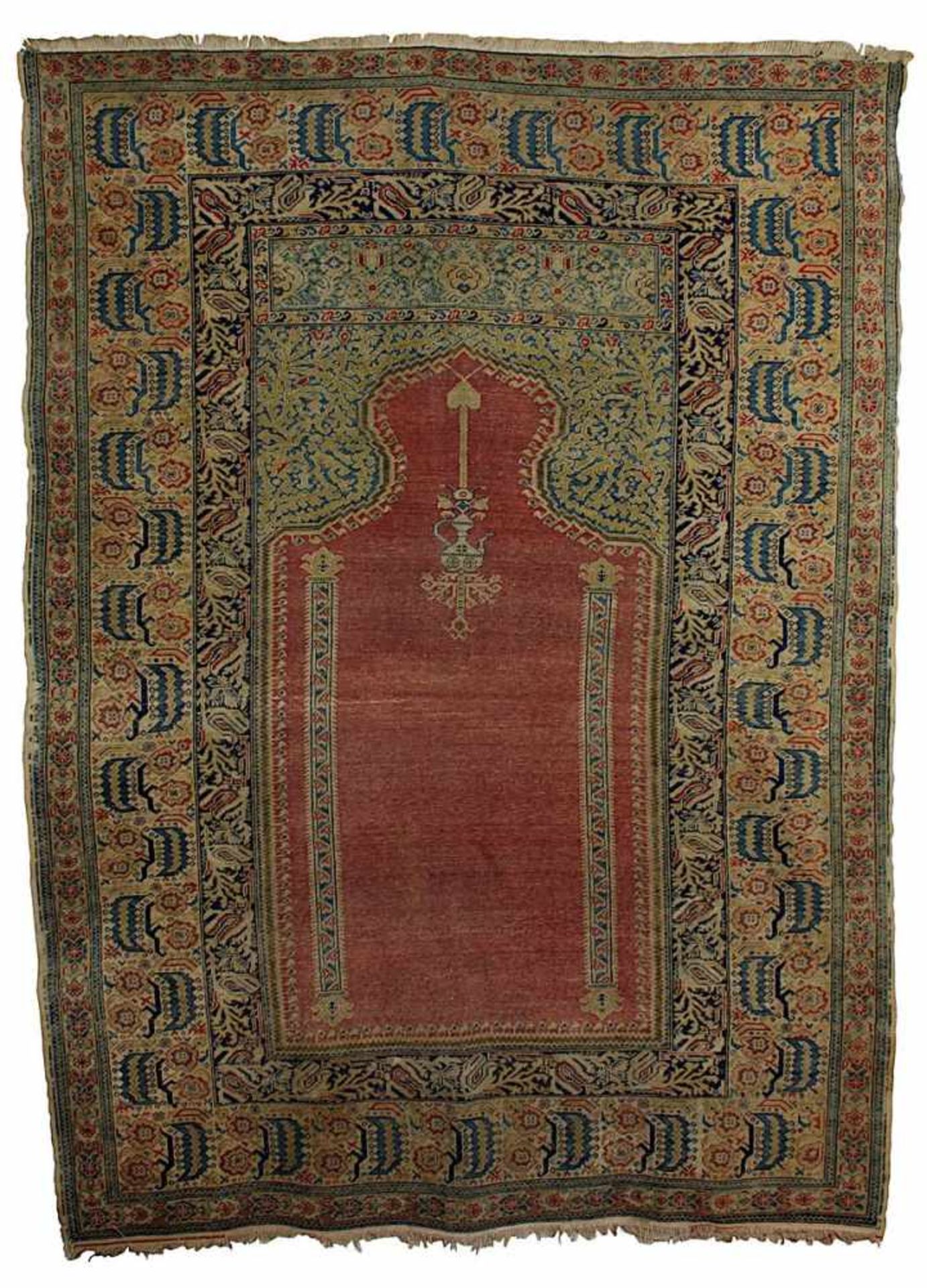 Gebetsteppich Türkei 1.H.20.Jh., Gebetsnische mit Lampe auf rotem Fond, 188 x 140 cm, stärker