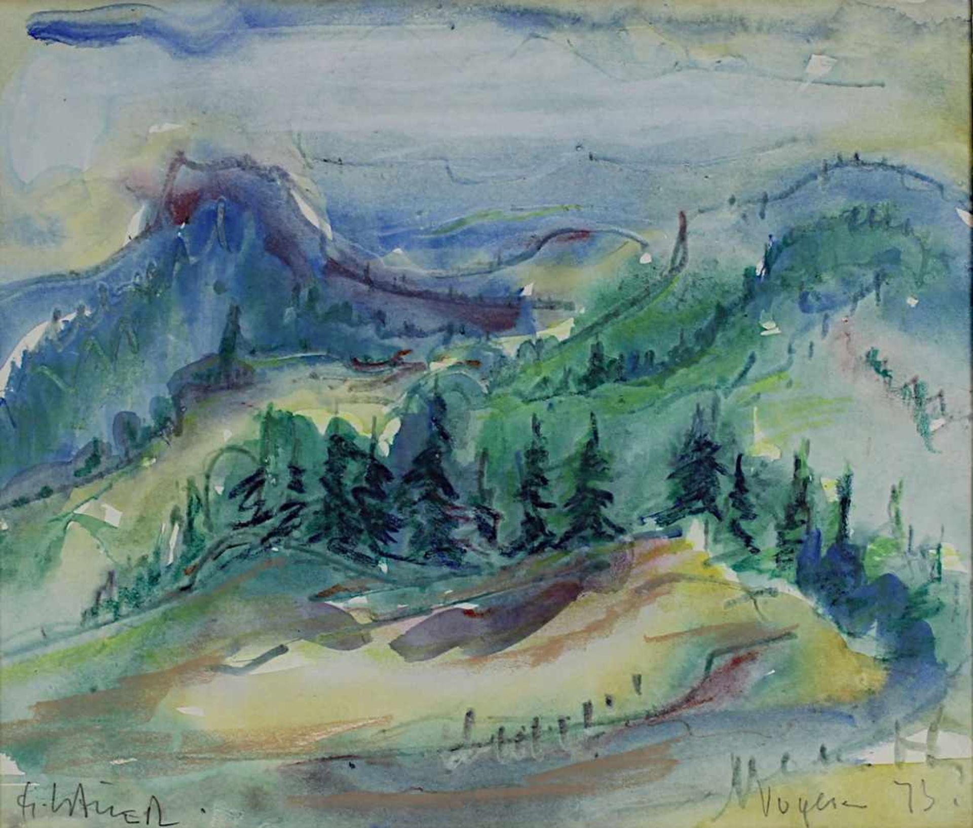 Lauer, Heinz (Saarbrücken 1924 - 2014 Saarbrücken), Vogesenlandschaft, Aquarell, links unten - Bild 2 aus 2