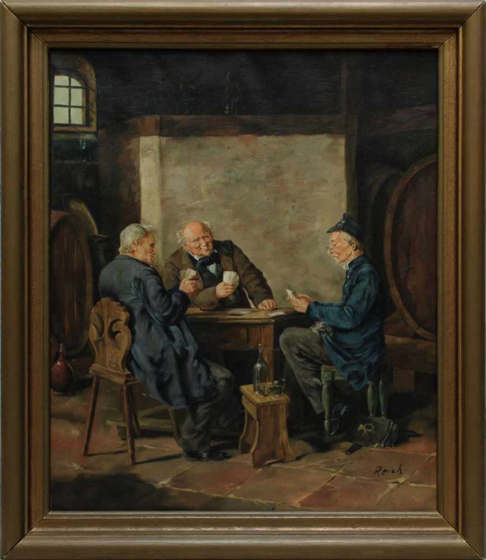 Reich (deutscher Künstler Mitte 20. Jh.), Briefträger beim Kartenspiel im Weinkeller, Öl auf