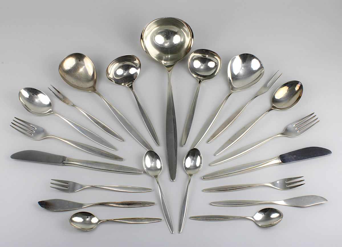 WMF-Silberbesteck Friodur, 800er Silber, 49-teilig, Geislingen um 1960: 12 Menügablen (L 20 cm), 8