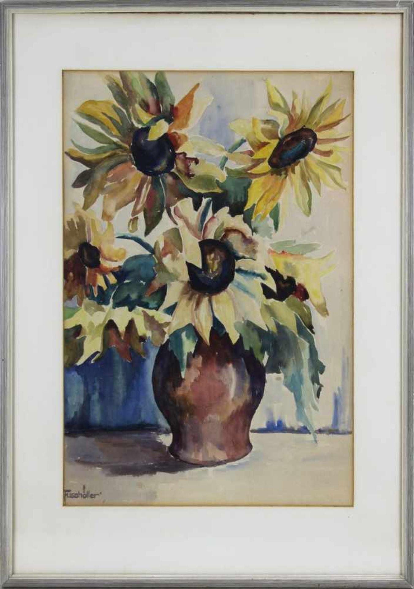 Fussmüller, deutscher Stillebenmaler, Vase mit Sonnenblumen um 1930, Aquarell, links unten signiert,