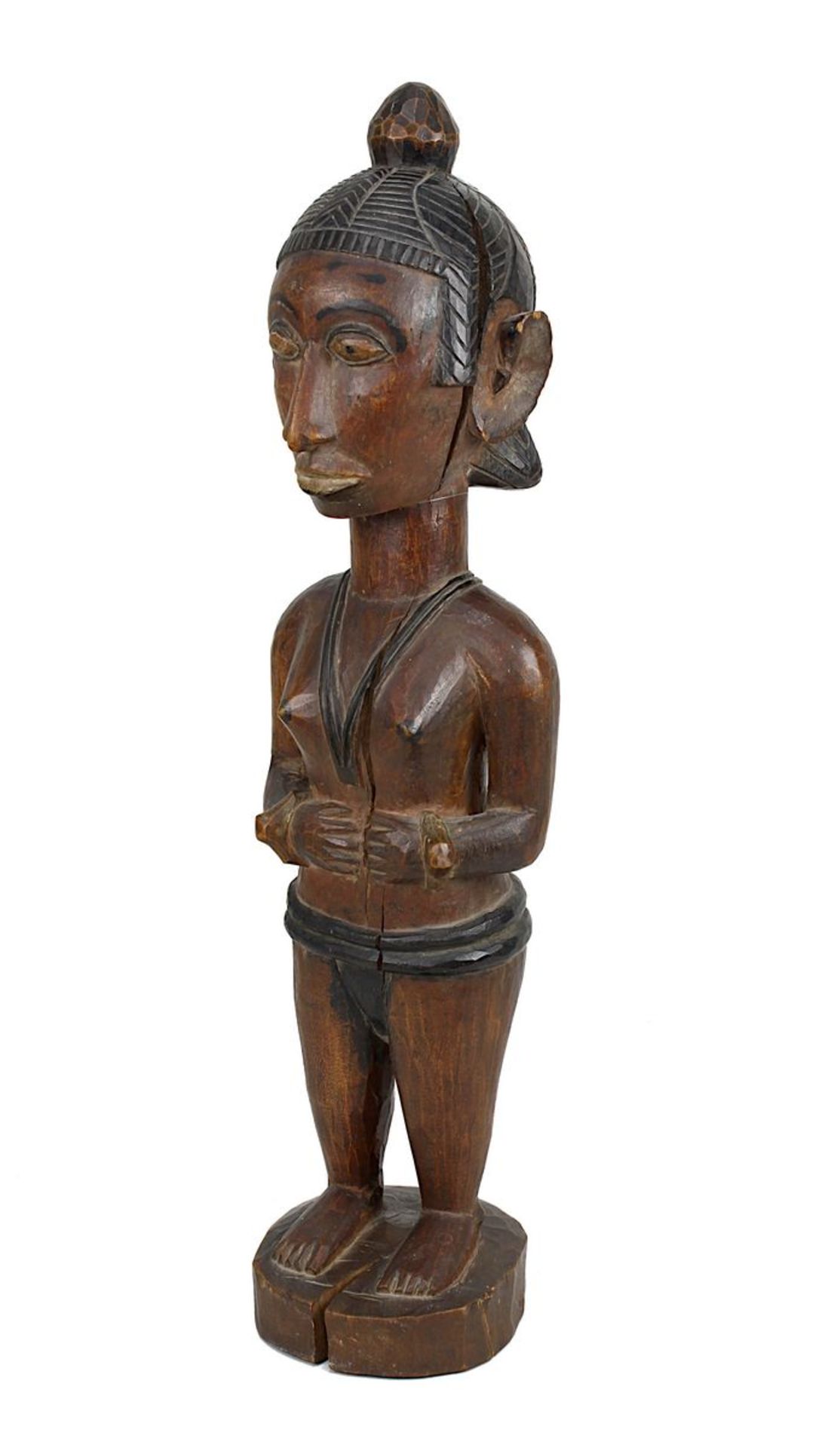 Weibliche Figur wohl der Temne, Sierra Leone, Holz geschnitzt und partiell schwarz gefärbt, stehende
