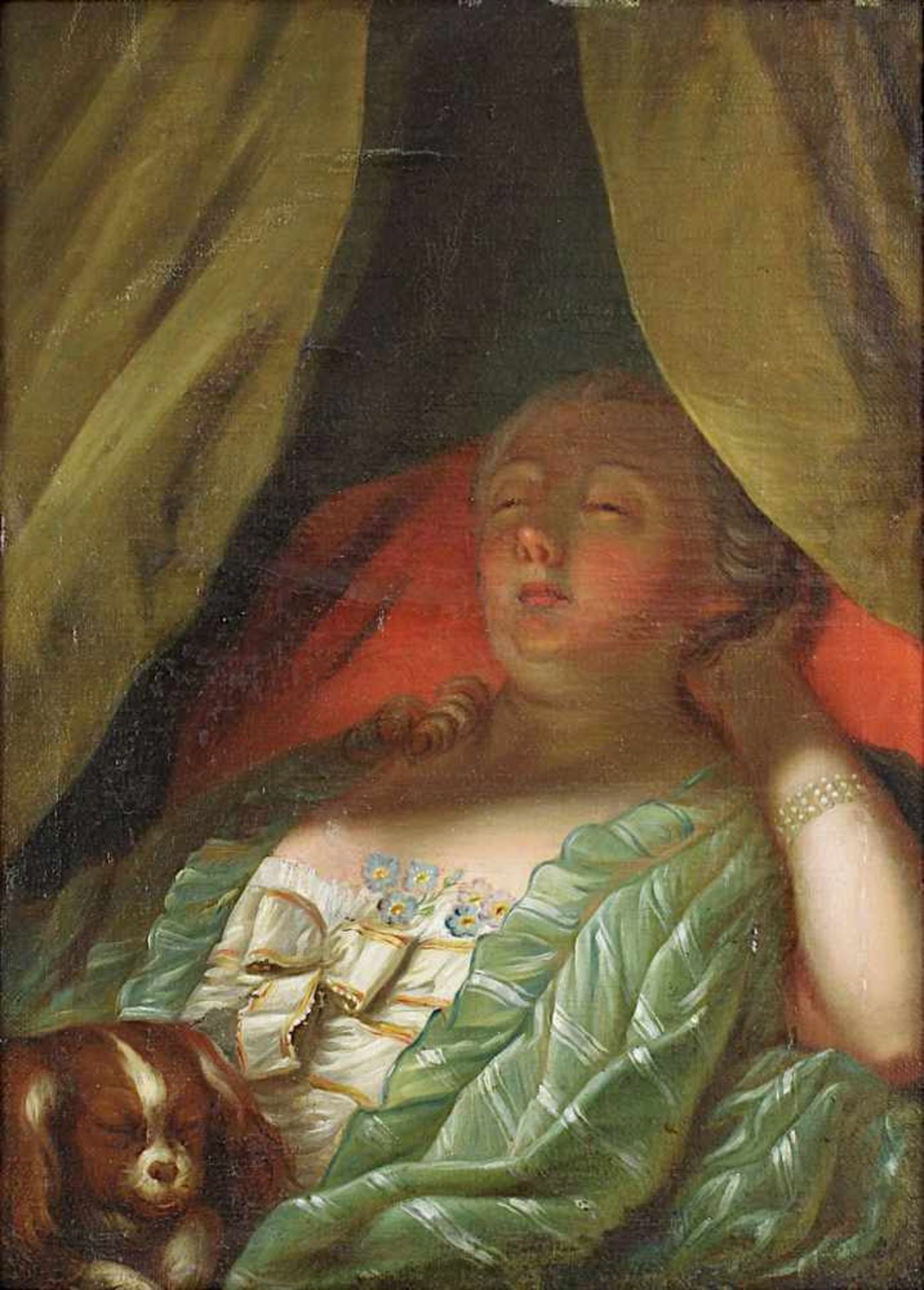 Die schlummernde Marquise de Pompadour mit Ihrem Hündchen, Frankreich 1. H. 19. Jh., Öl auf - Bild 2 aus 2