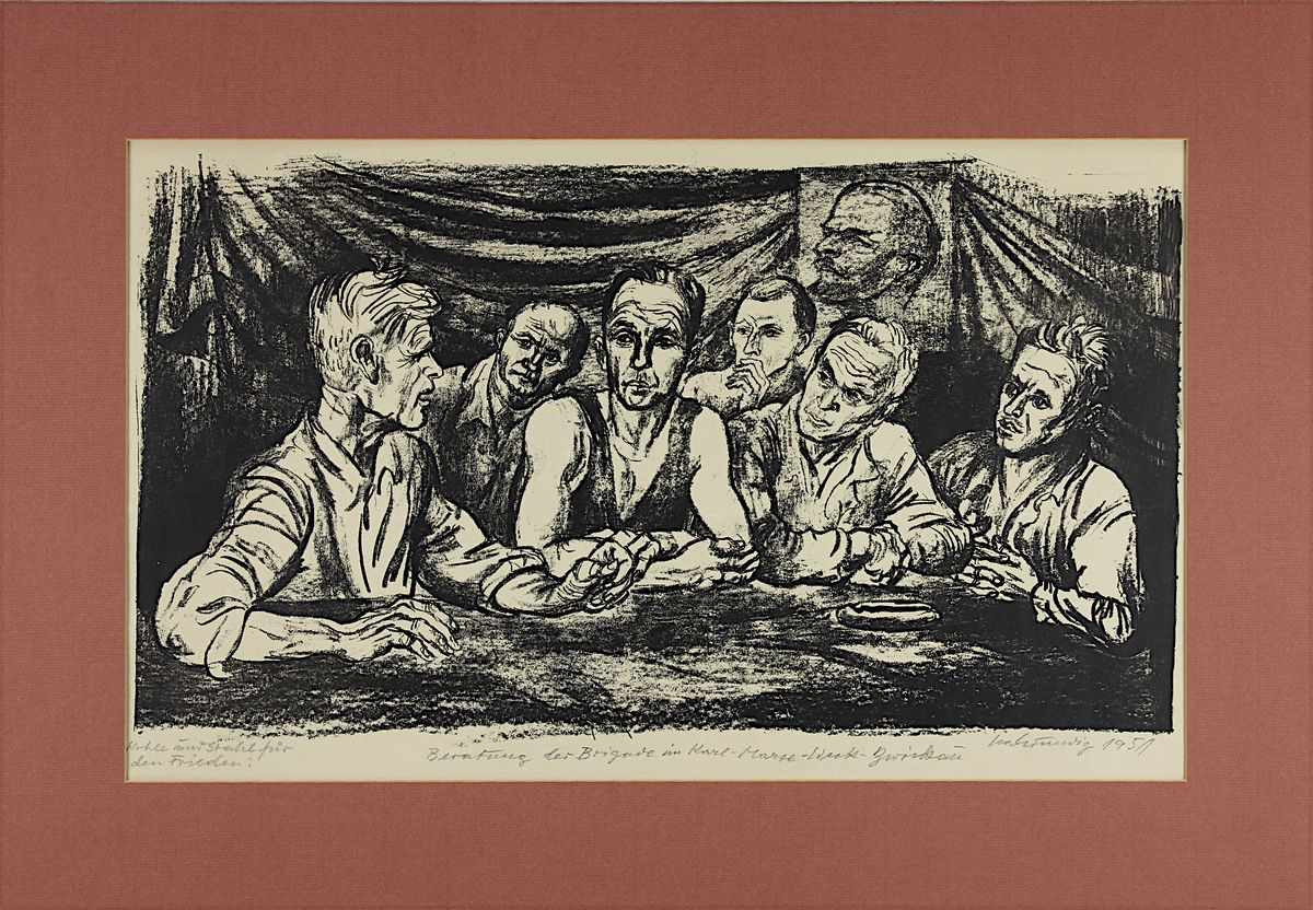 Grundig, Lea (Dresden 1906-1977), Beratung der Brigade im Karl-Marx-Werk Zwickau, Lithographie aus