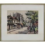 Krafft, André (geb. Paris 1911), Pariser Straßenansicht mit Sacré Coeur im Hintergrund, Aquarell,