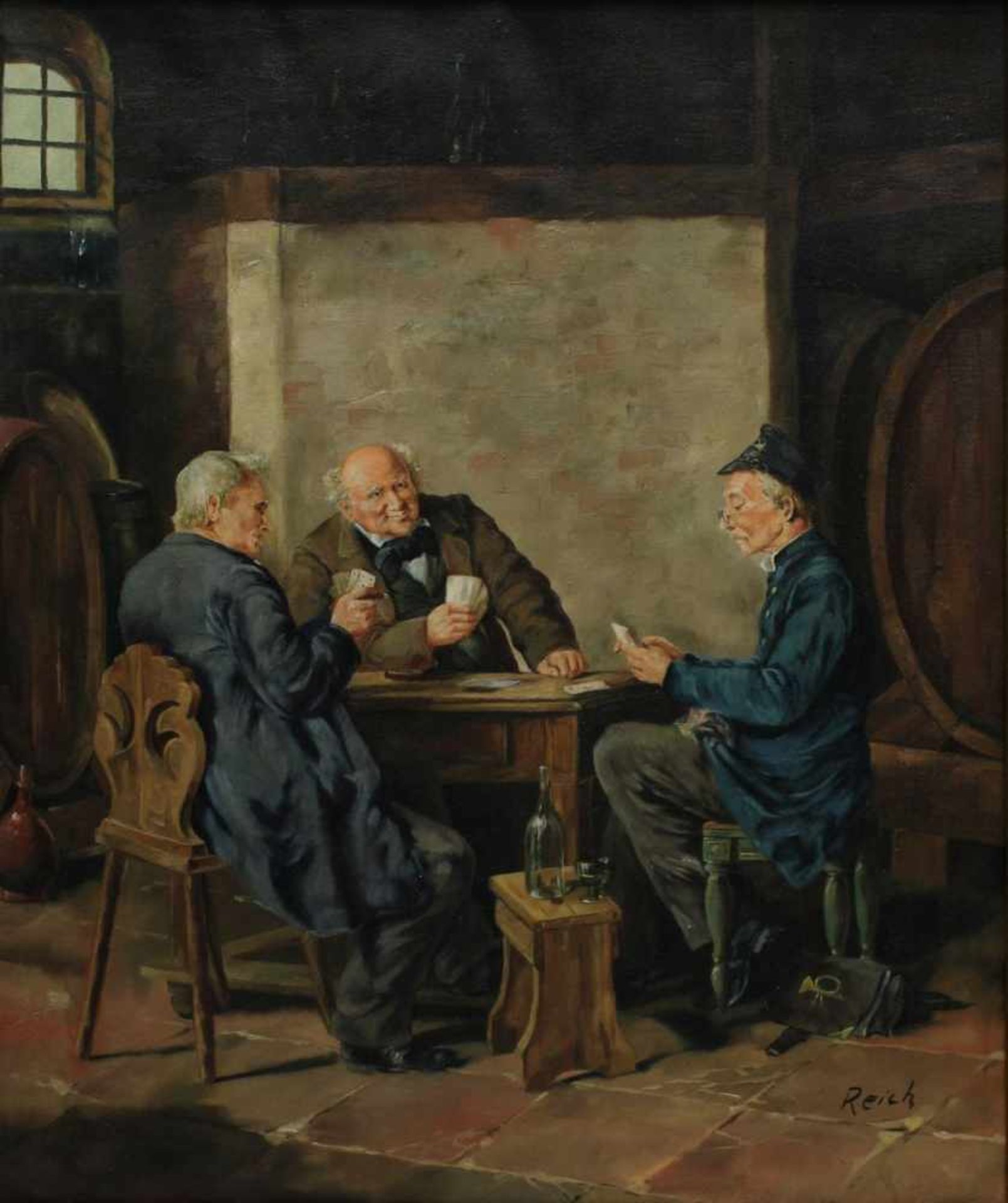 Reich (deutscher Künstler Mitte 20. Jh.), Briefträger beim Kartenspiel im Weinkeller, Öl auf - Bild 2 aus 2