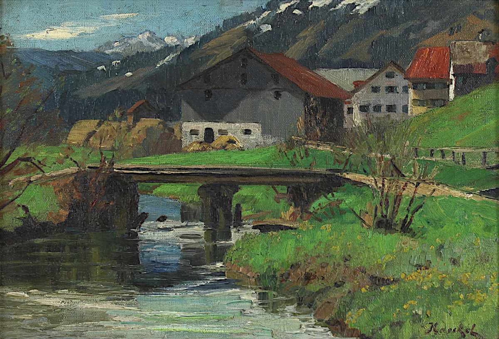 Haeckel, Walter Ernst (1886 - 1939), wohl, Alpenlandschaft mit Gebirgsbach und Häusern eines Dorfes, - Bild 2 aus 2