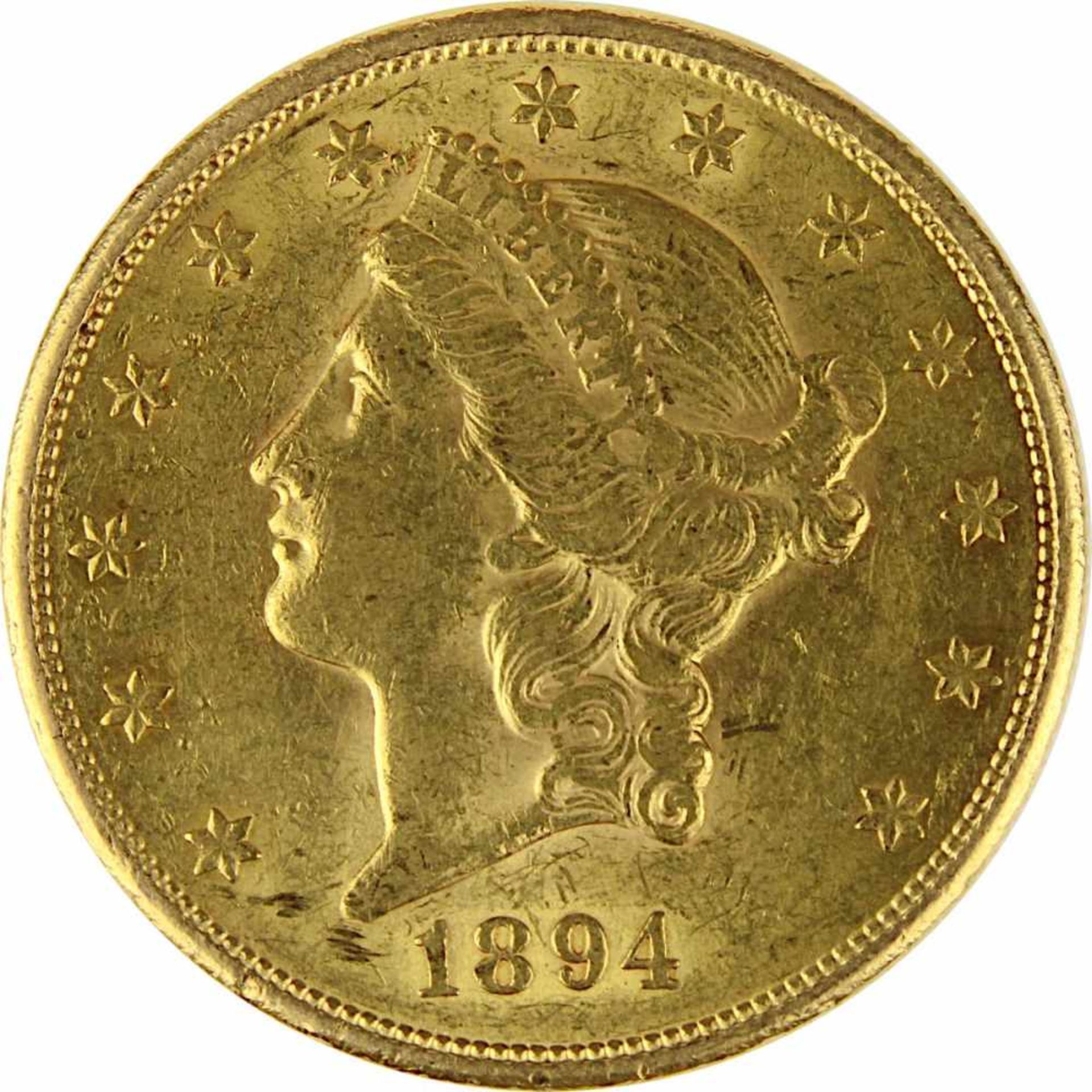 Goldmünze zu 20 Dollar, USA 1894, 900er Gold, Gewicht 1 Unze Feingold, Coroned Head / Eagle, - Bild 2 aus 3