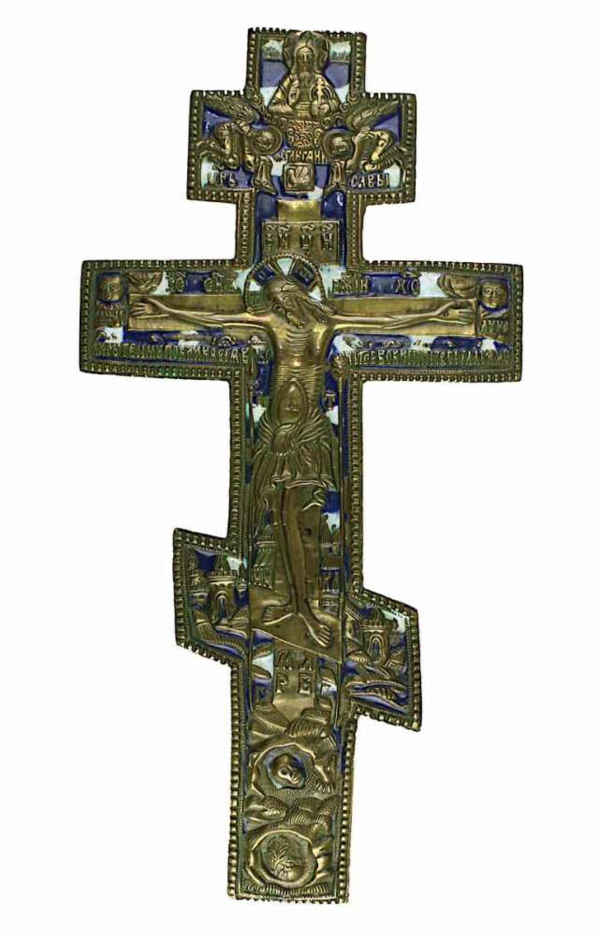 Großes orthodoxes Bronzekreuz, Russland, 19.Jh. reliefiert, mit Emaileinlagen in Blau und Weiß,