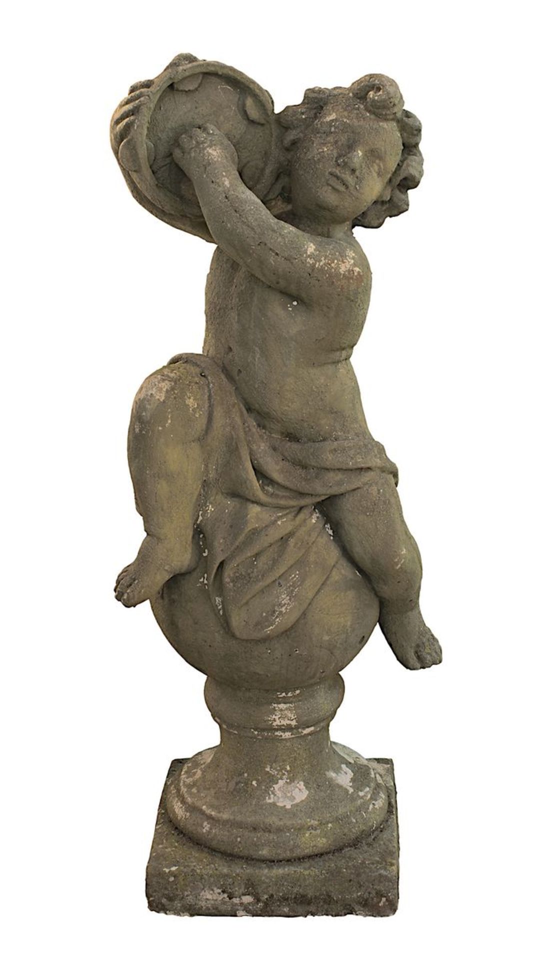 Putto mit Tamburin, auf Kugel sitzend, Gartenfigur im Barockstil, 2.H.20.Jh., Steinguss mit