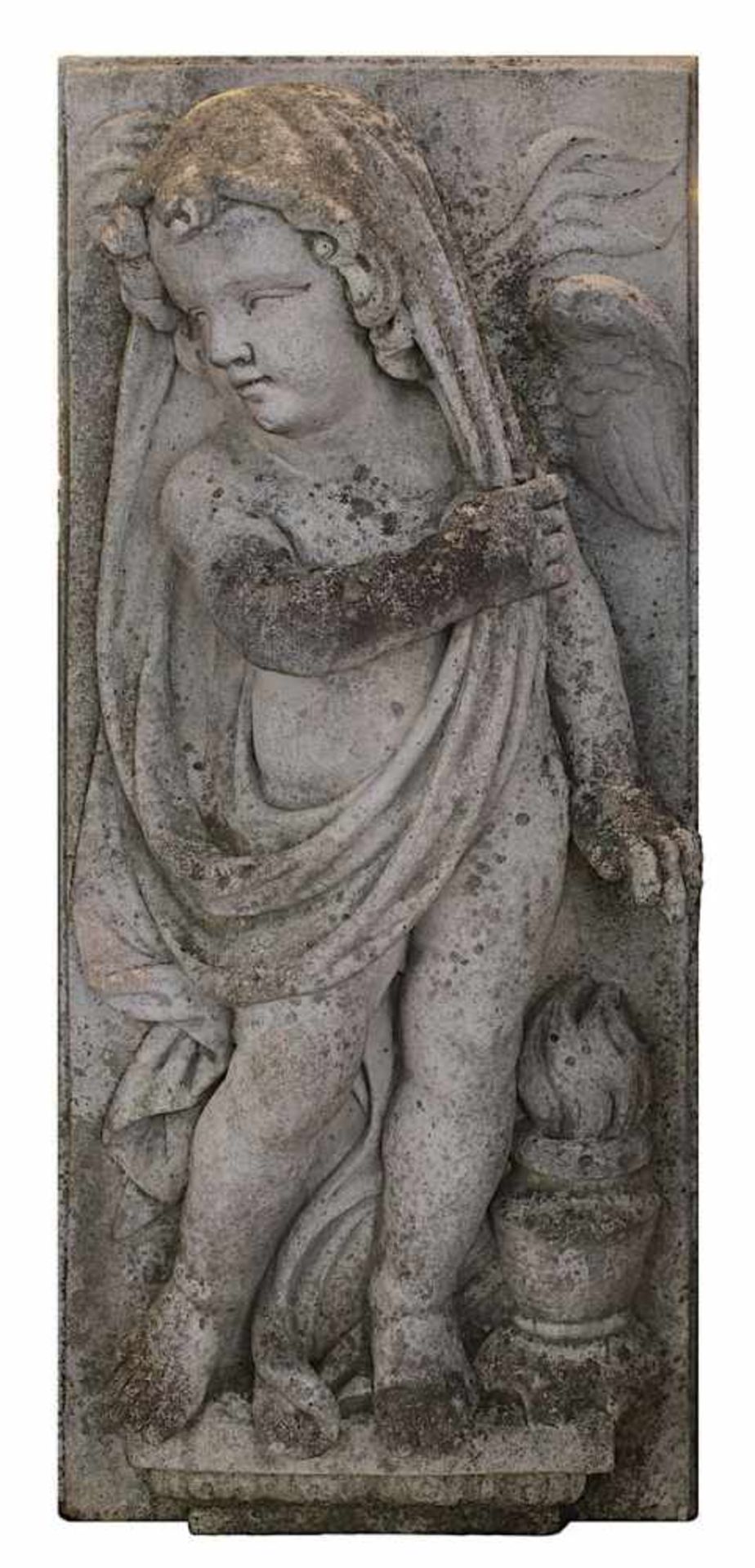 Putto mit Tuch als Allegorie auf den Winter, Relief als Gartenschmuck, 2.H.20.Jh., im Barockstil,