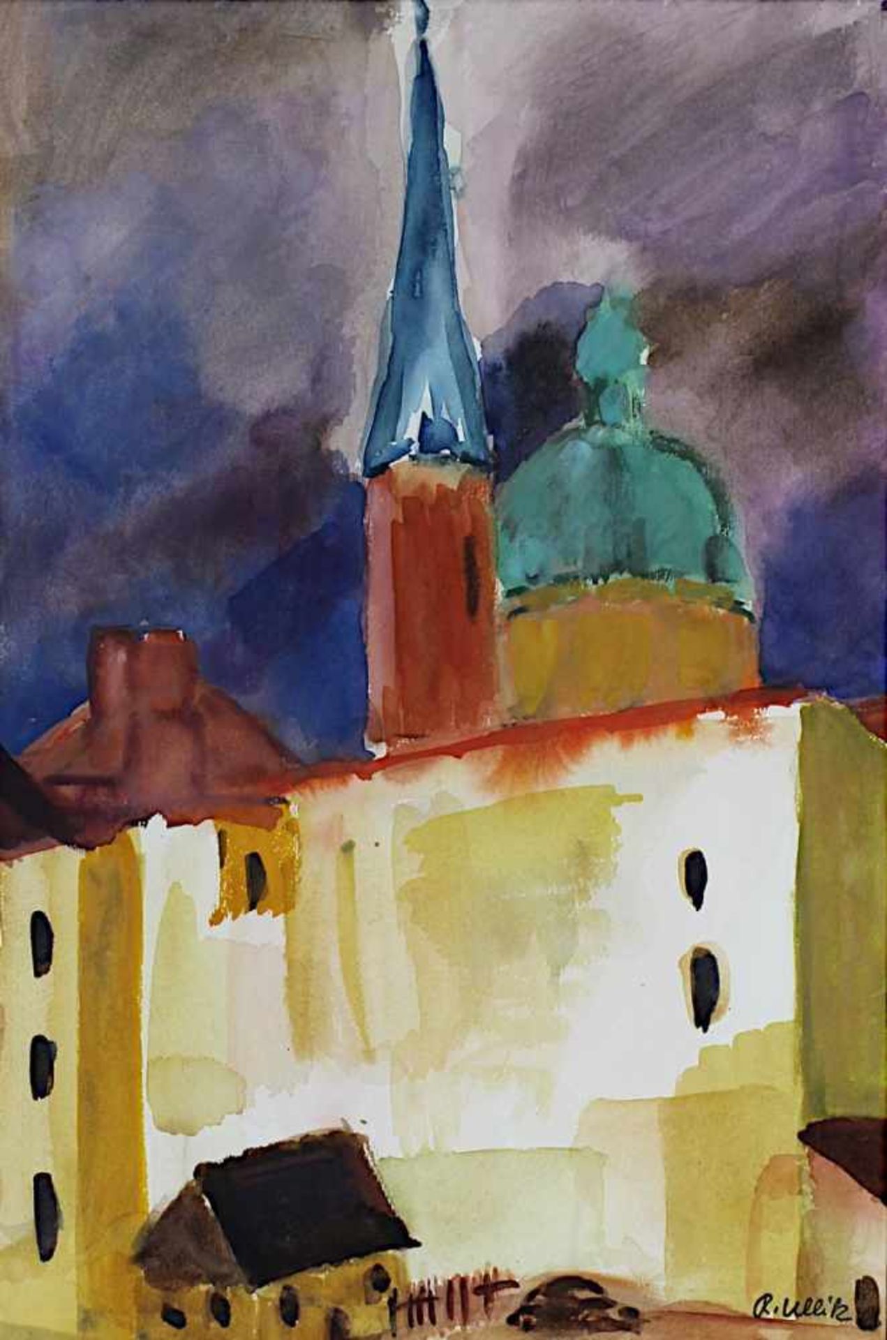 Ullik, Rudolf (Wien 1900  1996 Wien), Blick auf Häuser und Kirche, Aquarell-Mischtechnik, rechts - Bild 2 aus 2
