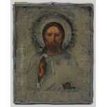 Ikone Christus Pantokrator, Russland um 1889, mit Silberoklat, Tempera auf Holz, nur Gesicht und