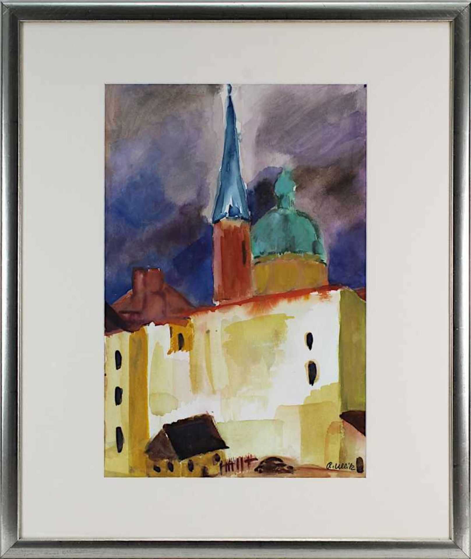 Ullik, Rudolf (Wien 1900  1996 Wien), Blick auf Häuser und Kirche, Aquarell-Mischtechnik, rechts
