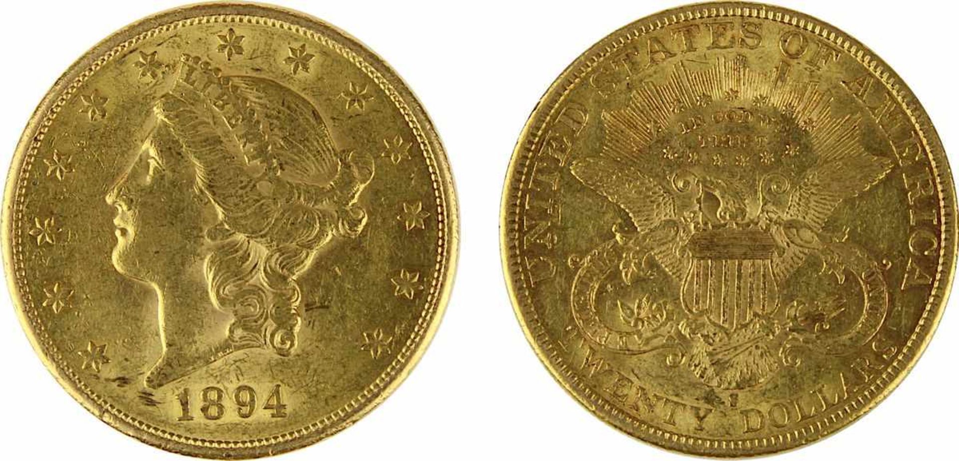 Goldmünze zu 20 Dollar, USA 1894, 900er Gold, Gewicht 1 Unze Feingold, Coroned Head / Eagle,