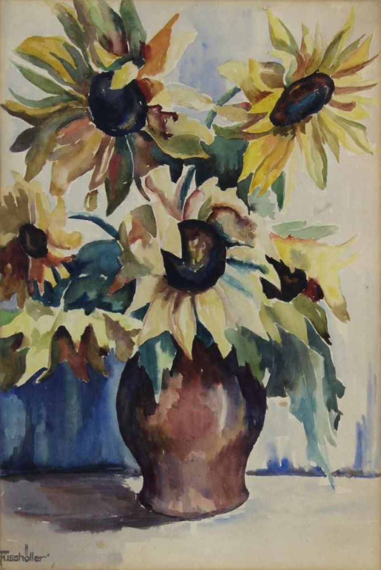 Fussmüller, deutscher Stillebenmaler, Vase mit Sonnenblumen um 1930, Aquarell, links unten signiert, - Bild 2 aus 2