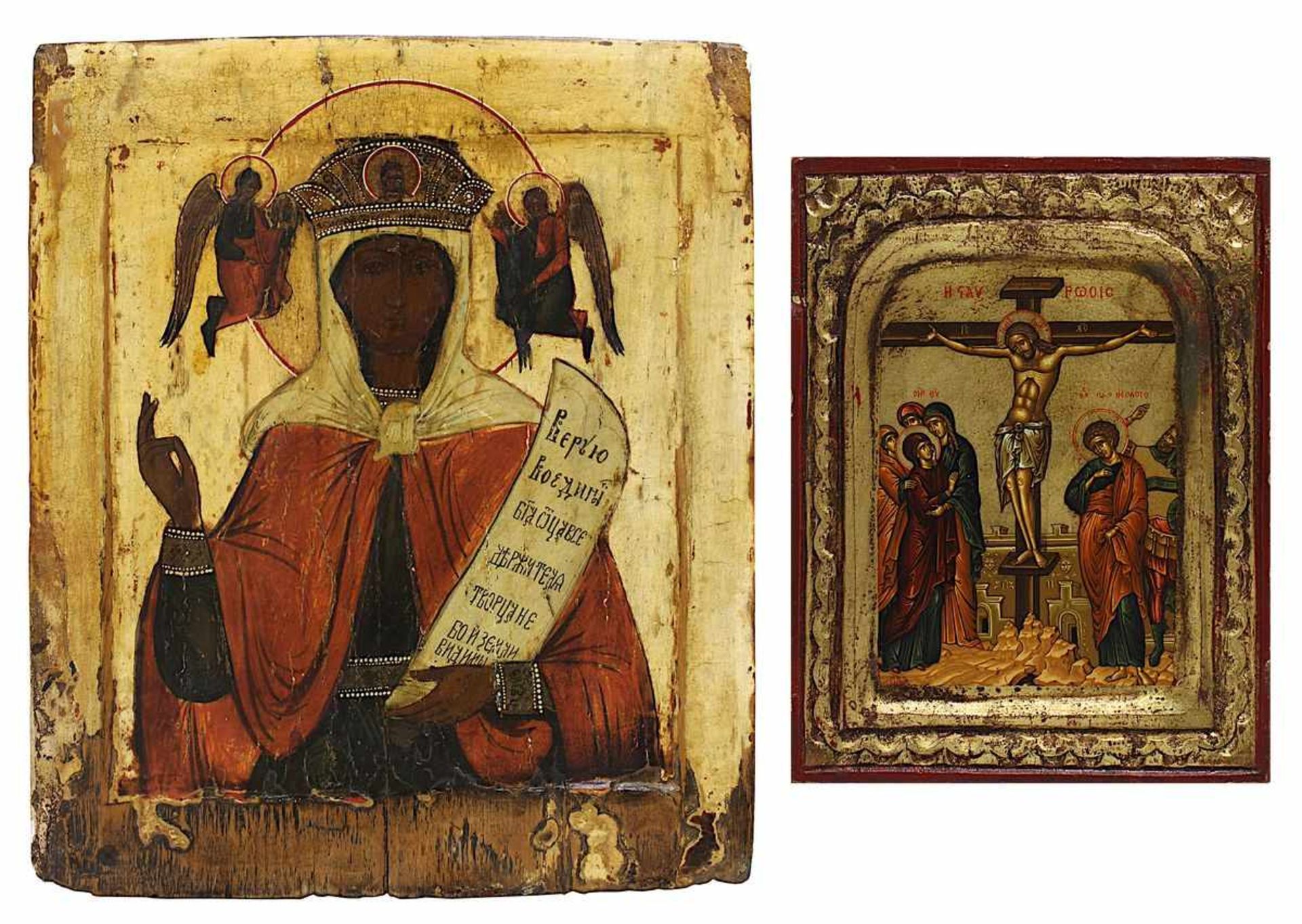 Ikone Gekrönte Gottesmutter, Russland 19.Jh., Tempera auf Holz, vertieftes Mittelfeld, 32 x 27 cm,