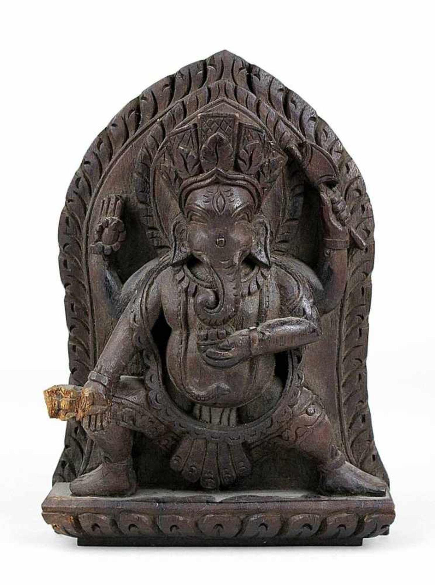 Kleines indisches Relief mit vierarmigem Ganesha, aus tropischem Hartholz geschnitzt, eine rechte