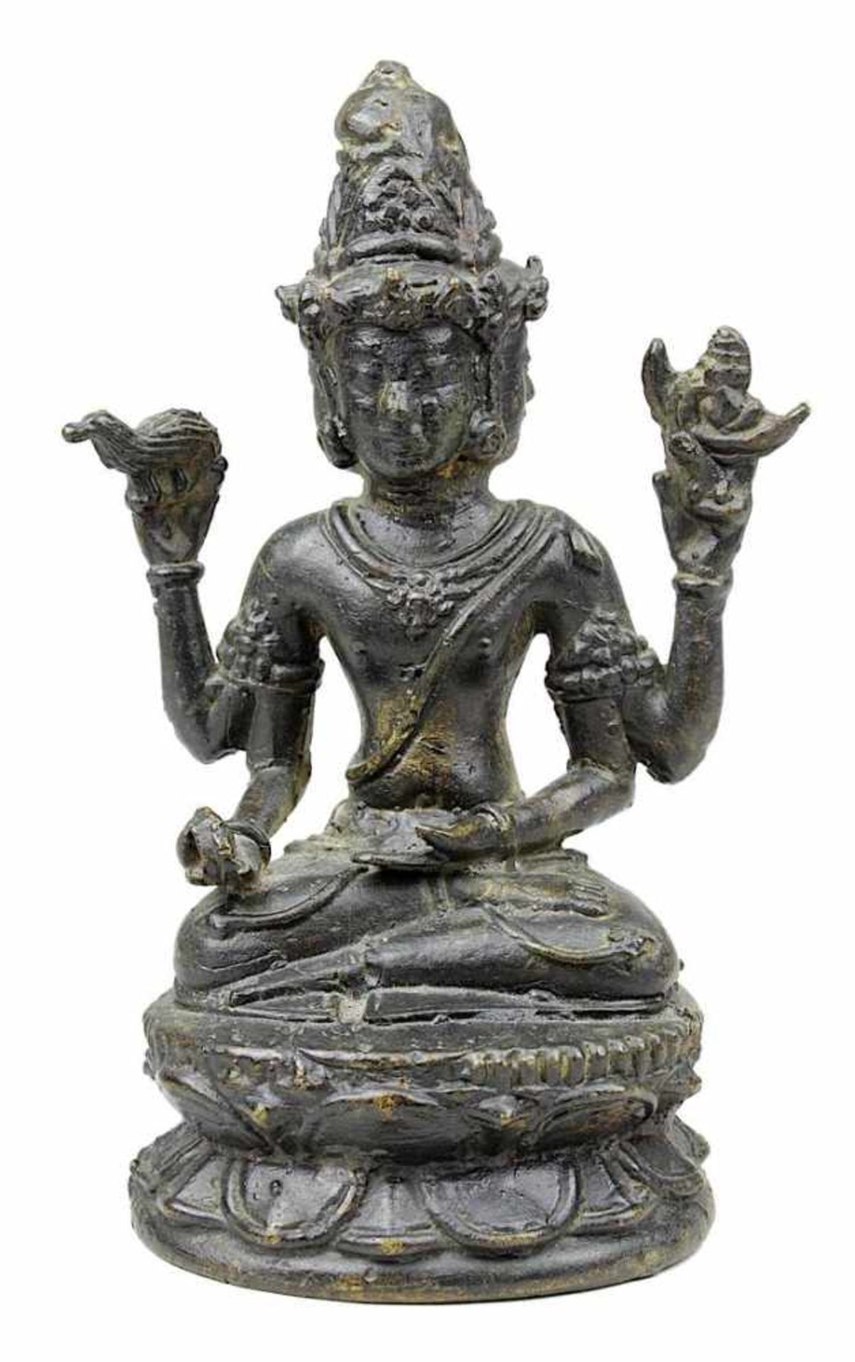 Buddha aus Bronze, Südostasien um 1920, sitzender Buddha auf Lotusthron in meditierender Haltung,