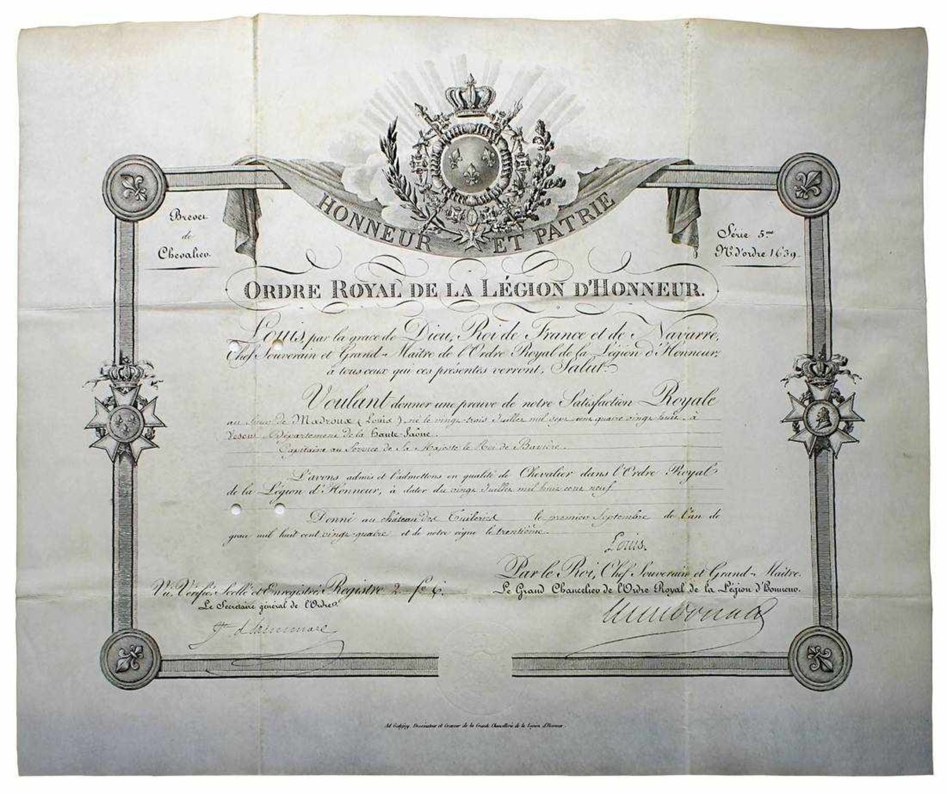 Ernennung des Ludwig von Madroux (1788 - 1865), Capitaine au Service de Sa Majesté le Roi de