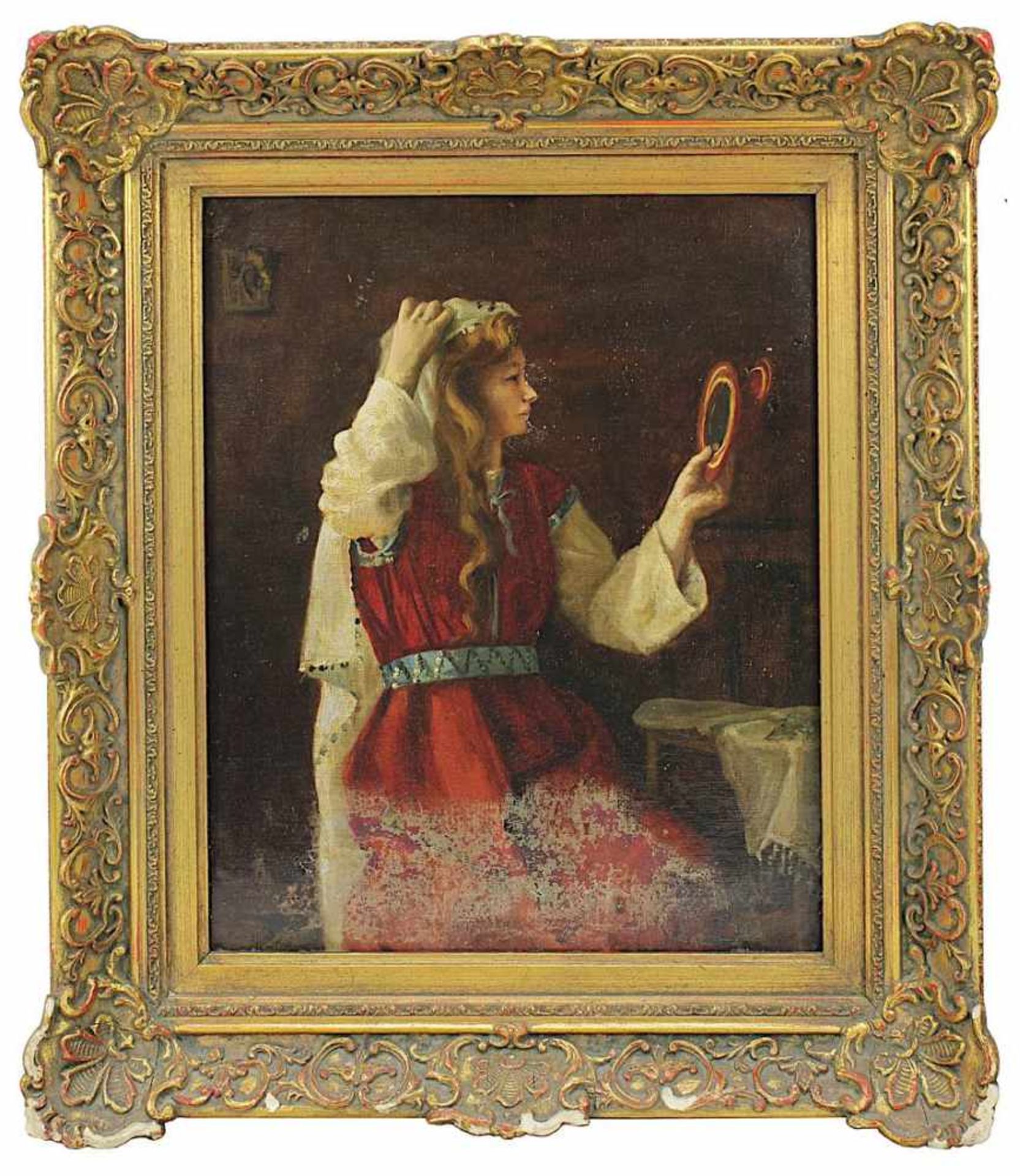 Genremaler (um 1900), Junge Frau mit Schleiertuch und Spiegel, Öl/Lwd., li. unten unleserlich