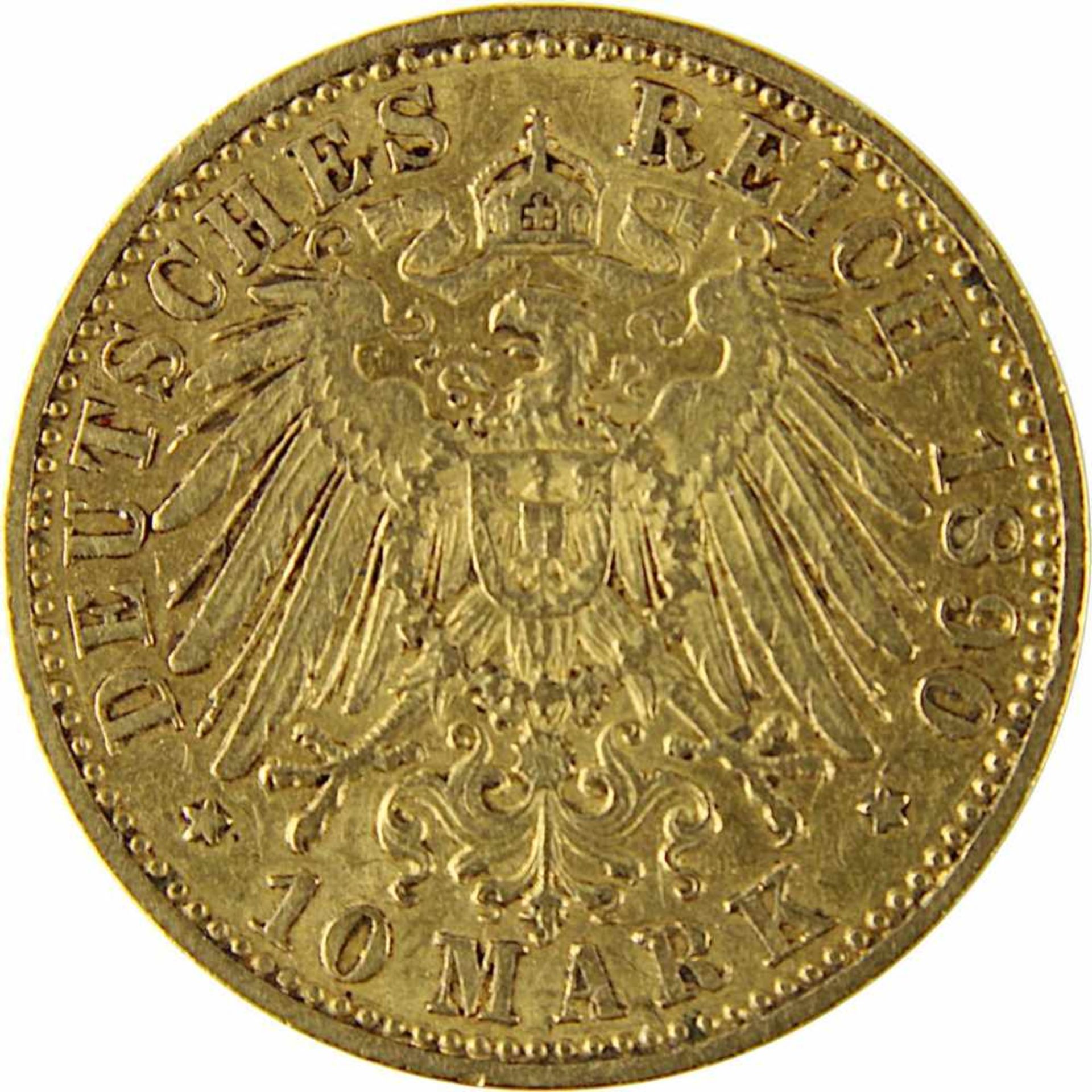 10 Mark Goldmünze Deutsches Reich, Mecklenburg-Schwerin 1890, 900er Gold, VS Friedrich Franz III - Bild 3 aus 3