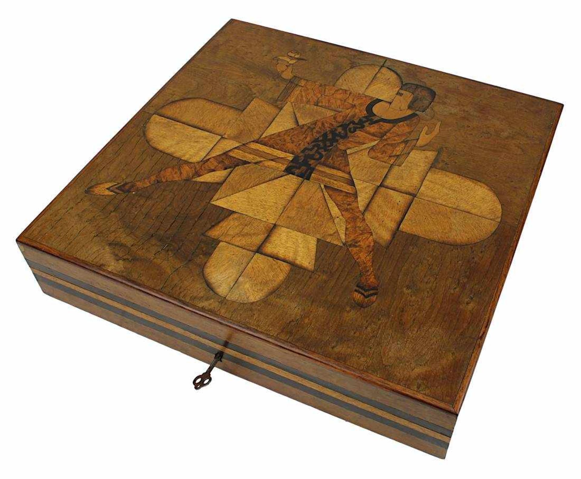 Abschließbare Schatulle, deutsch Art Déco um 1920/30, Holzkorpus mit verschiedenen exotischen und