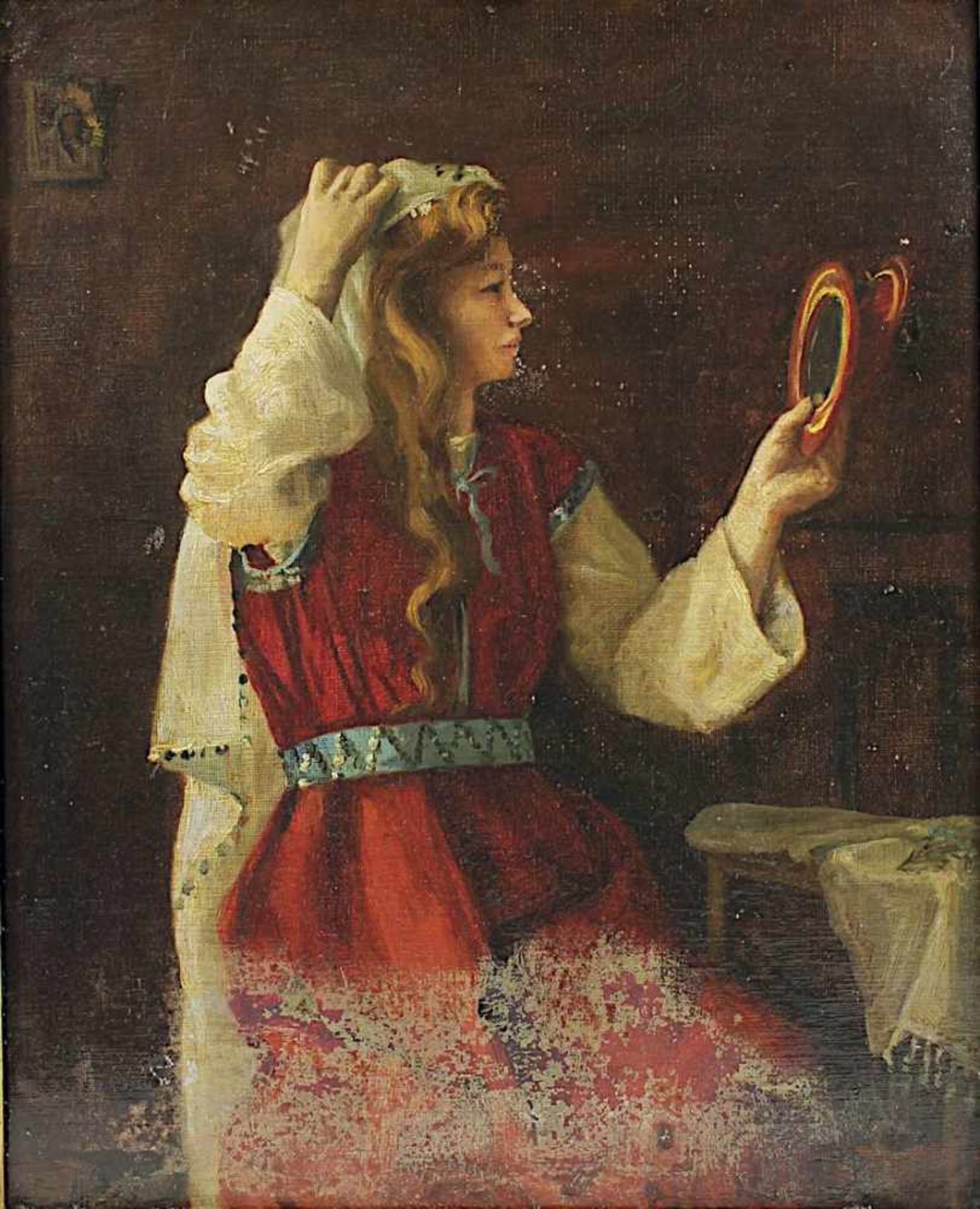 Genremaler (um 1900), Junge Frau mit Schleiertuch und Spiegel, Öl/Lwd., li. unten unleserlich - Bild 2 aus 2