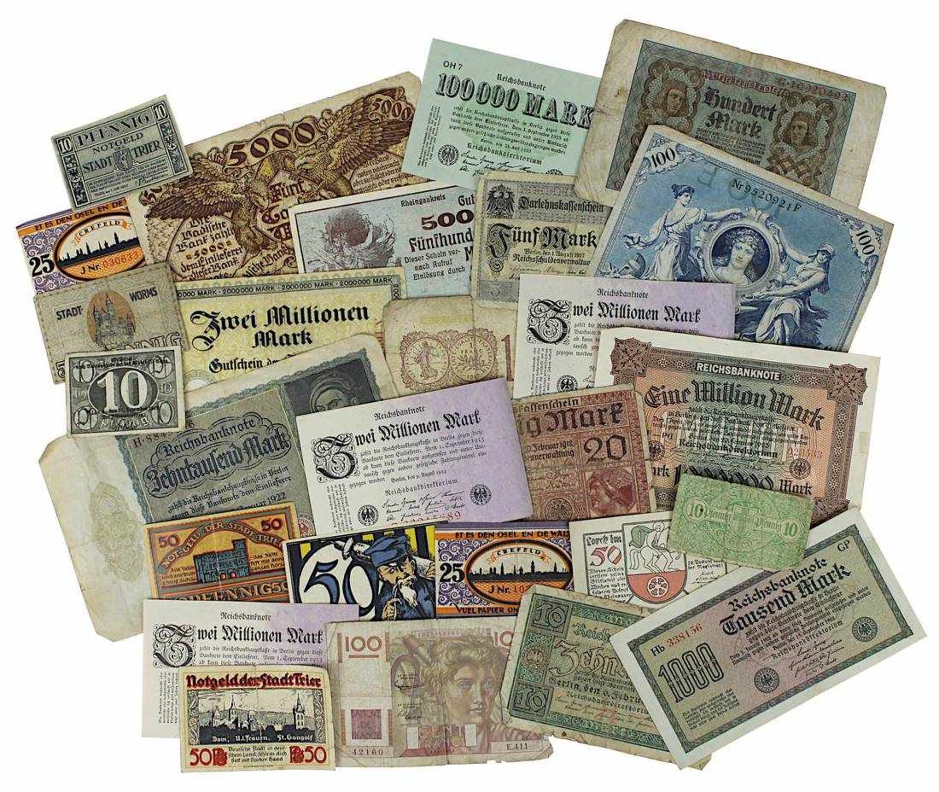 Großes Konvolut Not- und Papiergeld, Deutsches Reich zwischen 1910 und 1930, ca. 250 Scheine, u.a.