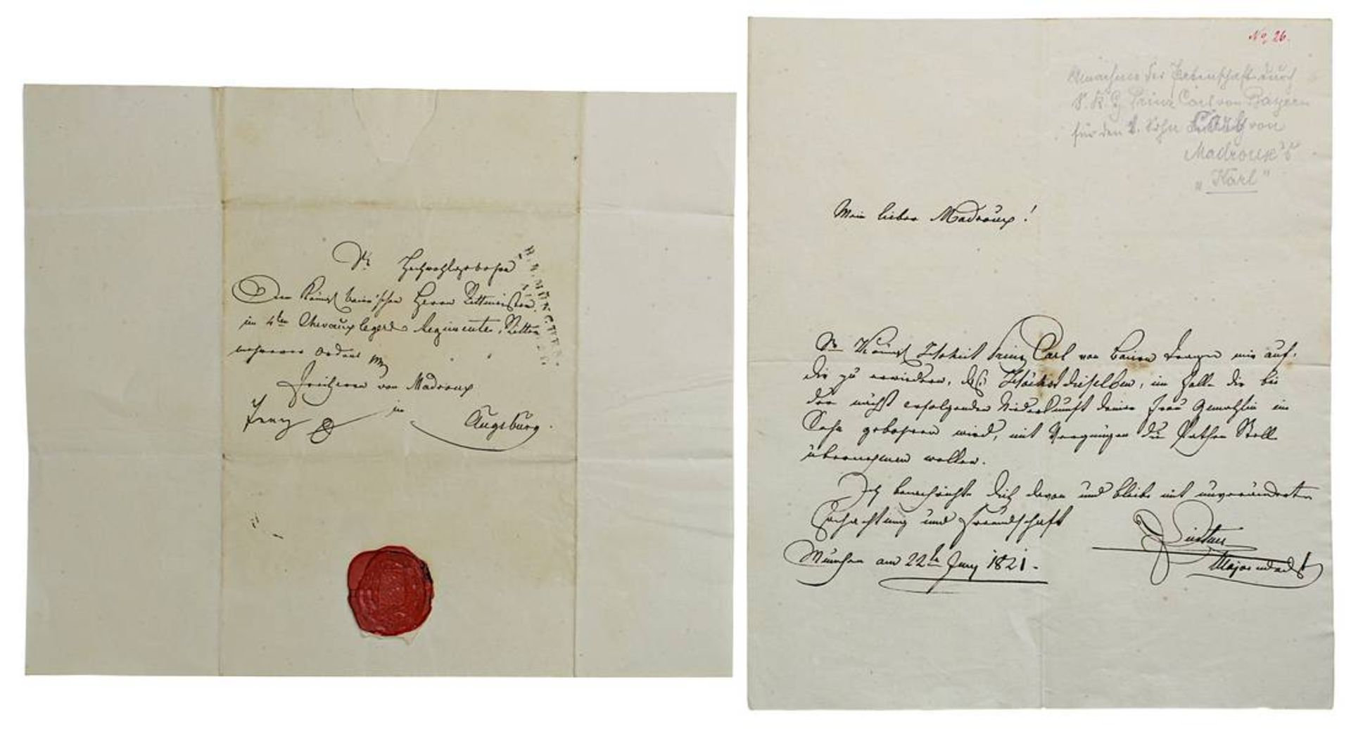 Zwei handgeschriebene Schreiben,betreffend die Patenschaft des Prinzen Carl von Bayern von 1821